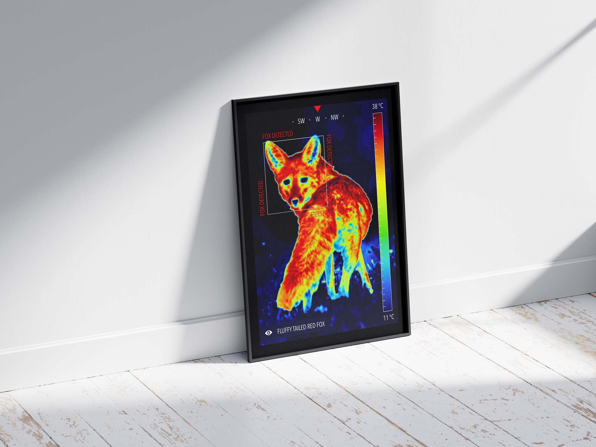 Modern infrared fluffy fox poster featuring a detailed wildlife illustration in vibrant thermal colors, printed on semi-gloss paper. Perfect wall art for living rooms, dens, or modern interiors with a unique, wild aesthetic.