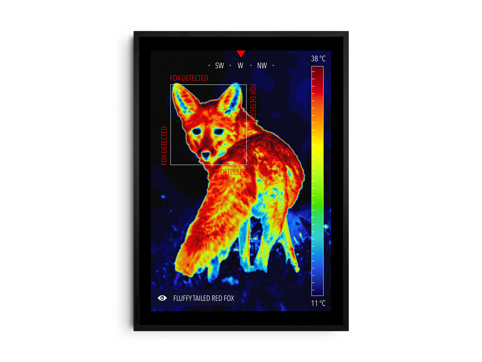 Modern infrared fluffy fox poster featuring a detailed wildlife illustration in vibrant thermal colors, printed on semi-gloss paper. Perfect wall art for living rooms, dens, or modern interiors with a unique, wild aesthetic.