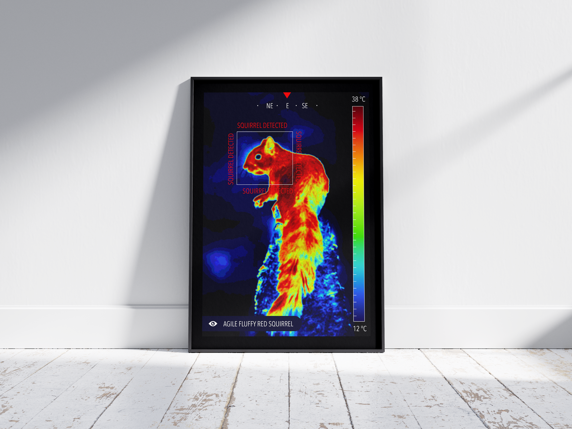 Modern infrared fluffy squirrel poster featuring a detailed wildlife illustration in vibrant thermal colors, printed on semi-gloss paper. Perfect wall art for living rooms, studies, or modern interiors with a unique, playful aesthetic.