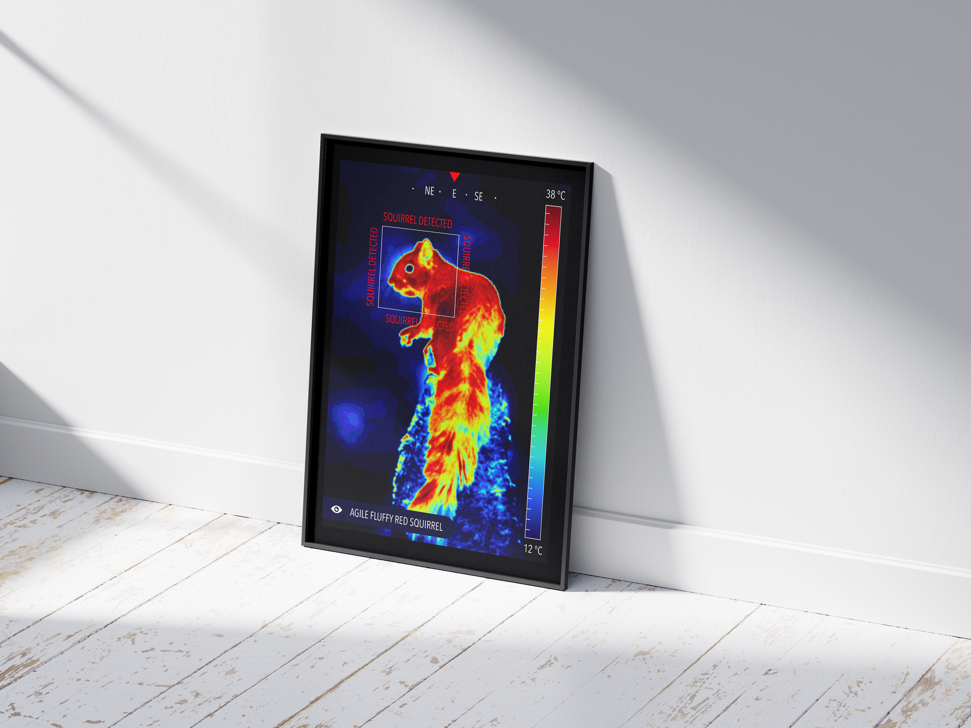 Modern infrared fluffy squirrel poster featuring a detailed wildlife illustration in vibrant thermal colors, printed on semi-gloss paper. Perfect wall art for living rooms, studies, or modern interiors with a unique, playful aesthetic.