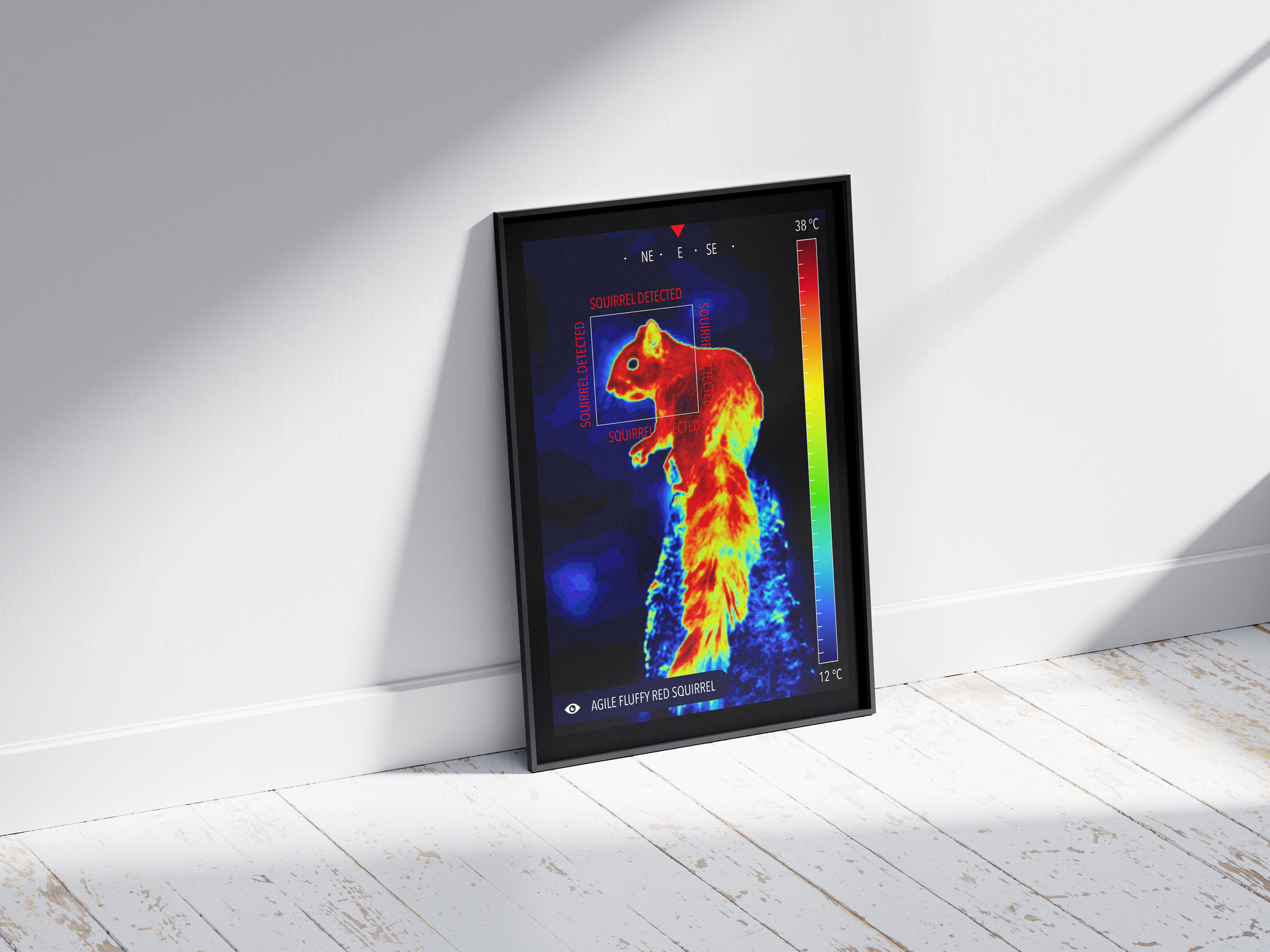 Modern infrared fluffy squirrel poster featuring a detailed wildlife illustration in vibrant thermal colors, printed on semi-gloss paper. Perfect wall art for living rooms, studies, or modern interiors with a unique, playful aesthetic.