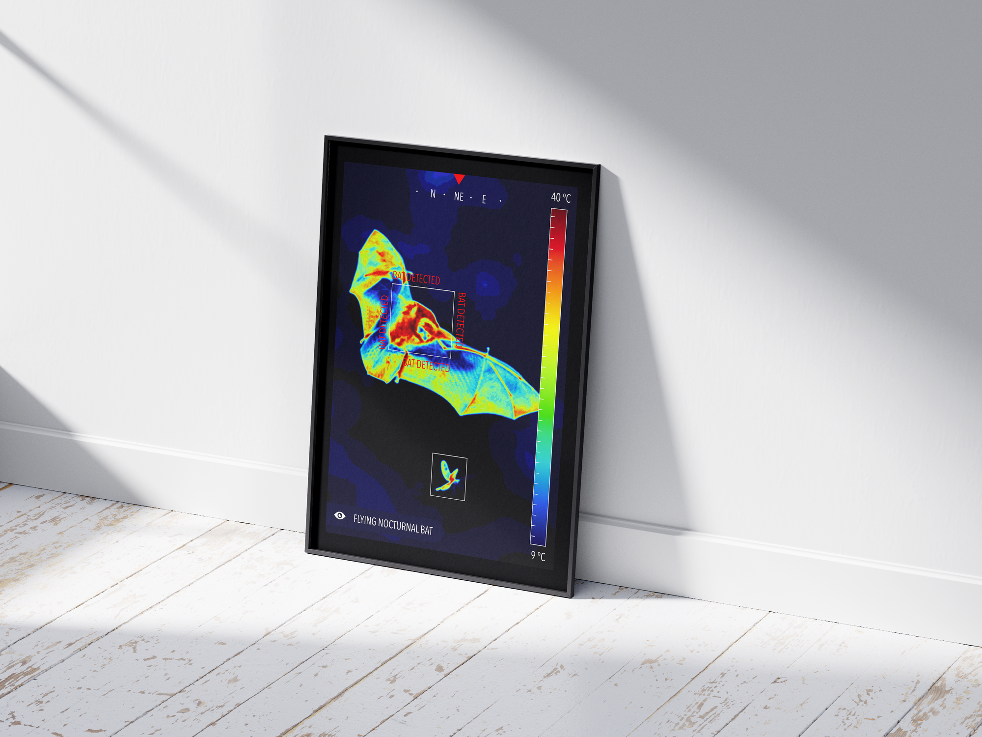 Modern infrared bat poster featuring a flying bat in vivid thermal colors, printed on semi-gloss paper. Perfect wall art for science enthusiasts, modern homes, or gallery walls with a unique, nocturnal aesthetic.