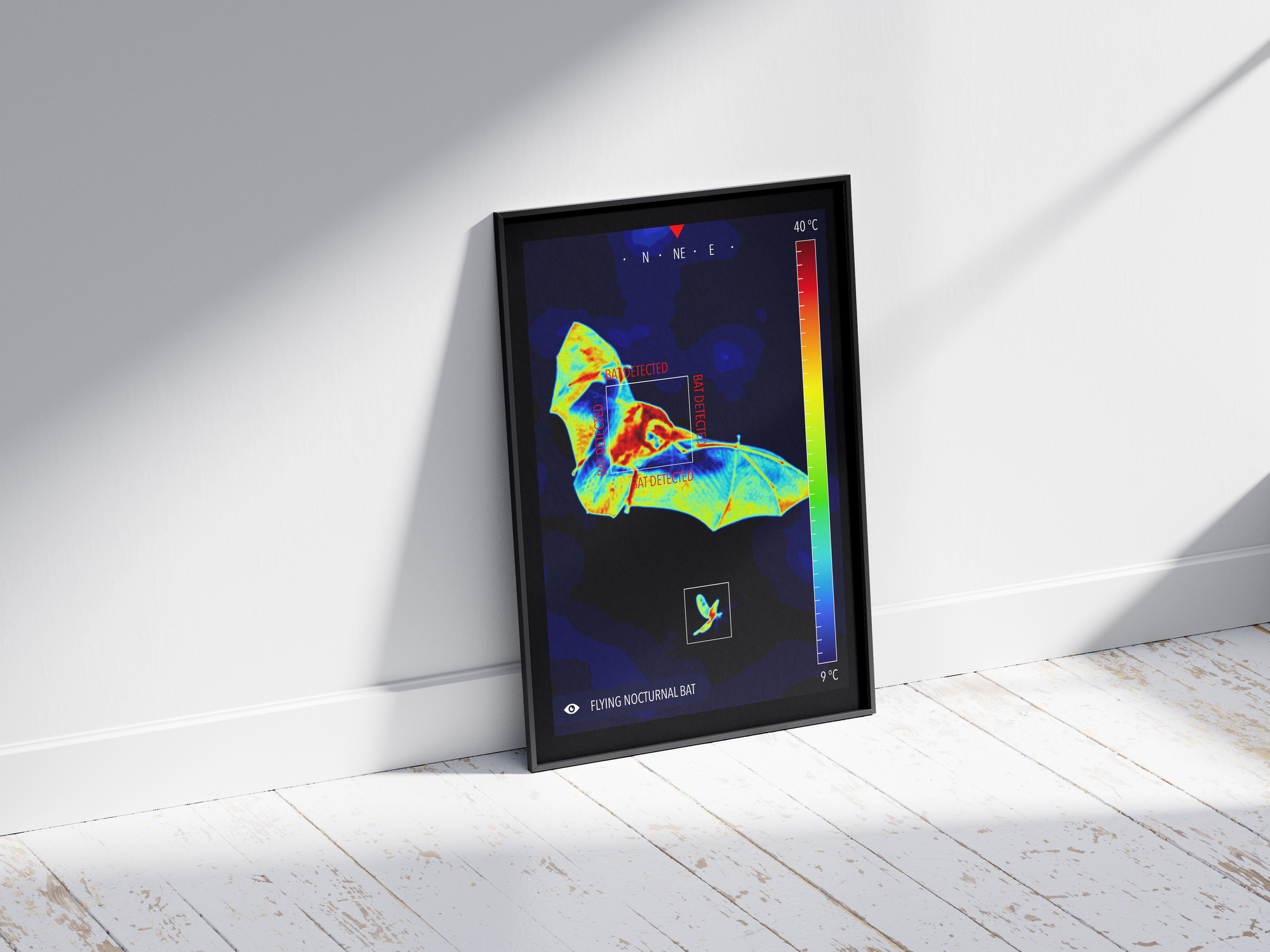 Modern infrared bat poster featuring a flying bat in vivid thermal colors, printed on semi-gloss paper. Perfect wall art for science enthusiasts, modern homes, or gallery walls with a unique, nocturnal aesthetic.