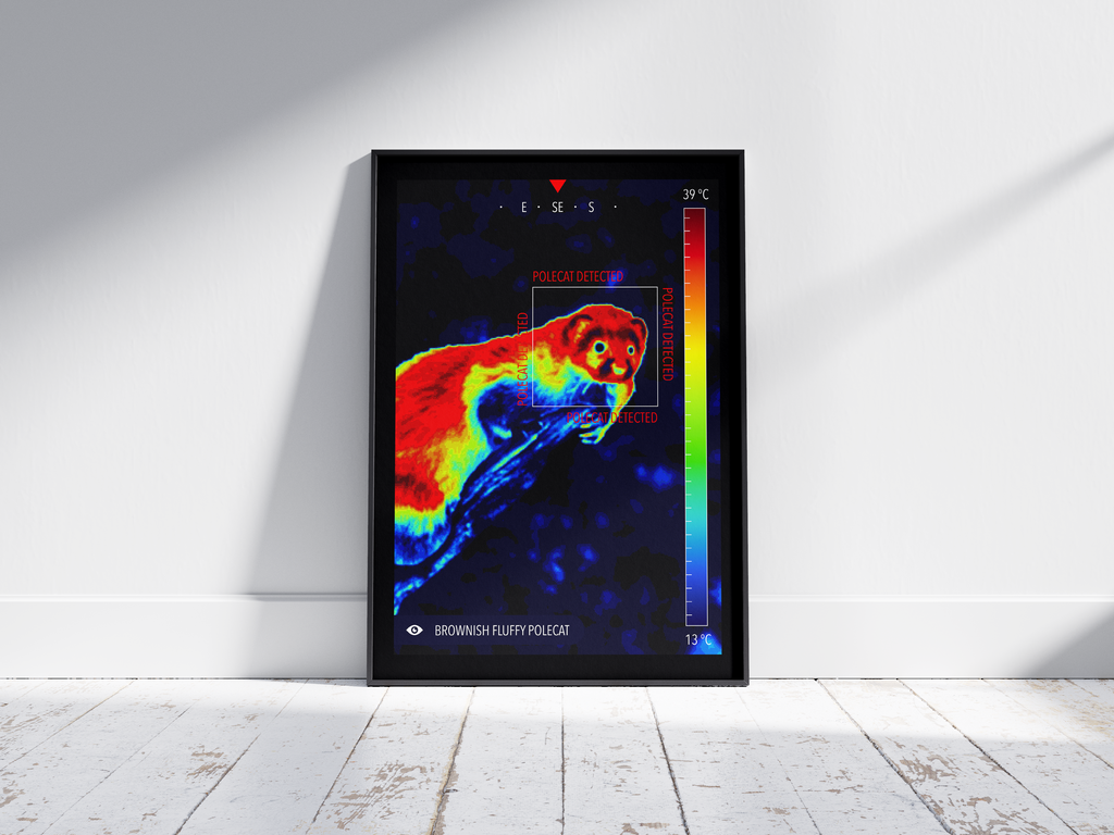Modern infrared polecat poster featuring a detailed wildlife illustration in vibrant thermal colors, printed on semi-gloss paper. Perfect wall art for living rooms, studies, or modern interiors with a unique, wild aesthetic.