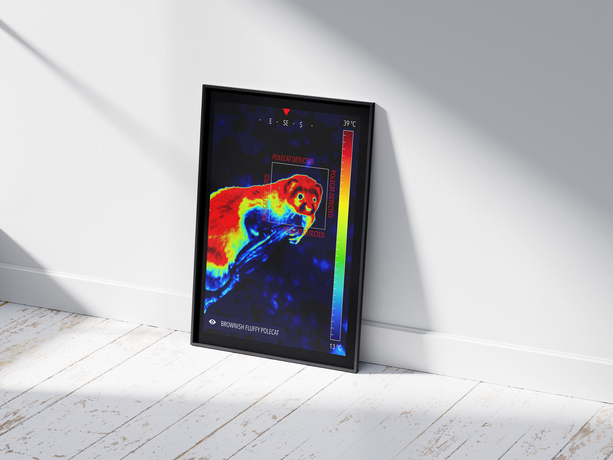 Modern infrared polecat poster featuring a detailed wildlife illustration in vibrant thermal colors, printed on semi-gloss paper. Perfect wall art for living rooms, studies, or modern interiors with a unique, wild aesthetic.