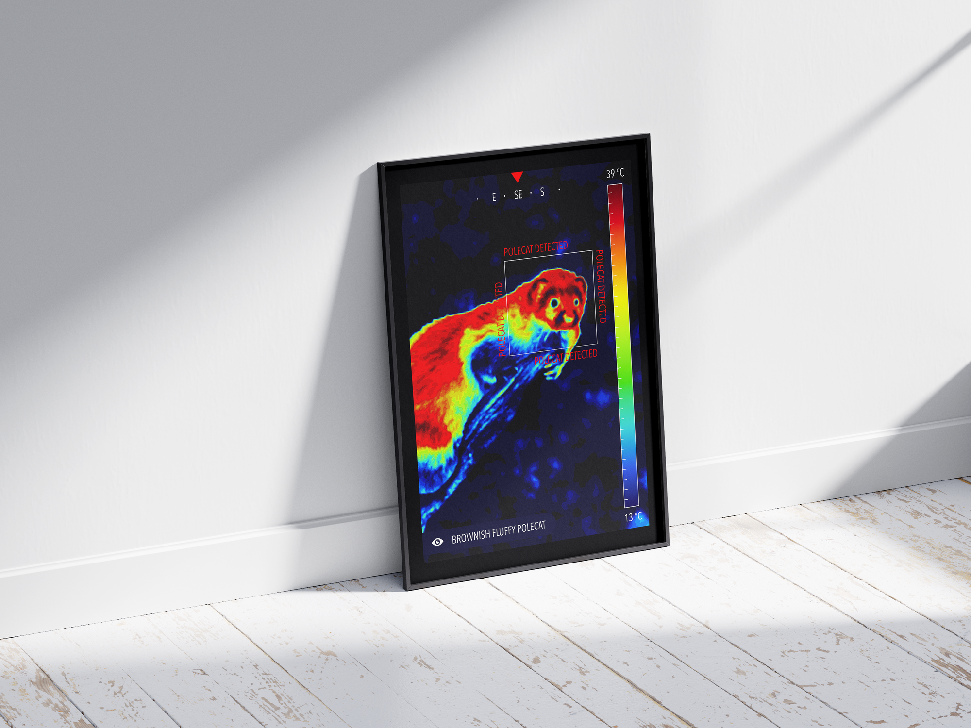 Modern infrared polecat poster featuring a detailed wildlife illustration in vibrant thermal colors, printed on semi-gloss paper. Perfect wall art for living rooms, studies, or modern interiors with a unique, wild aesthetic.