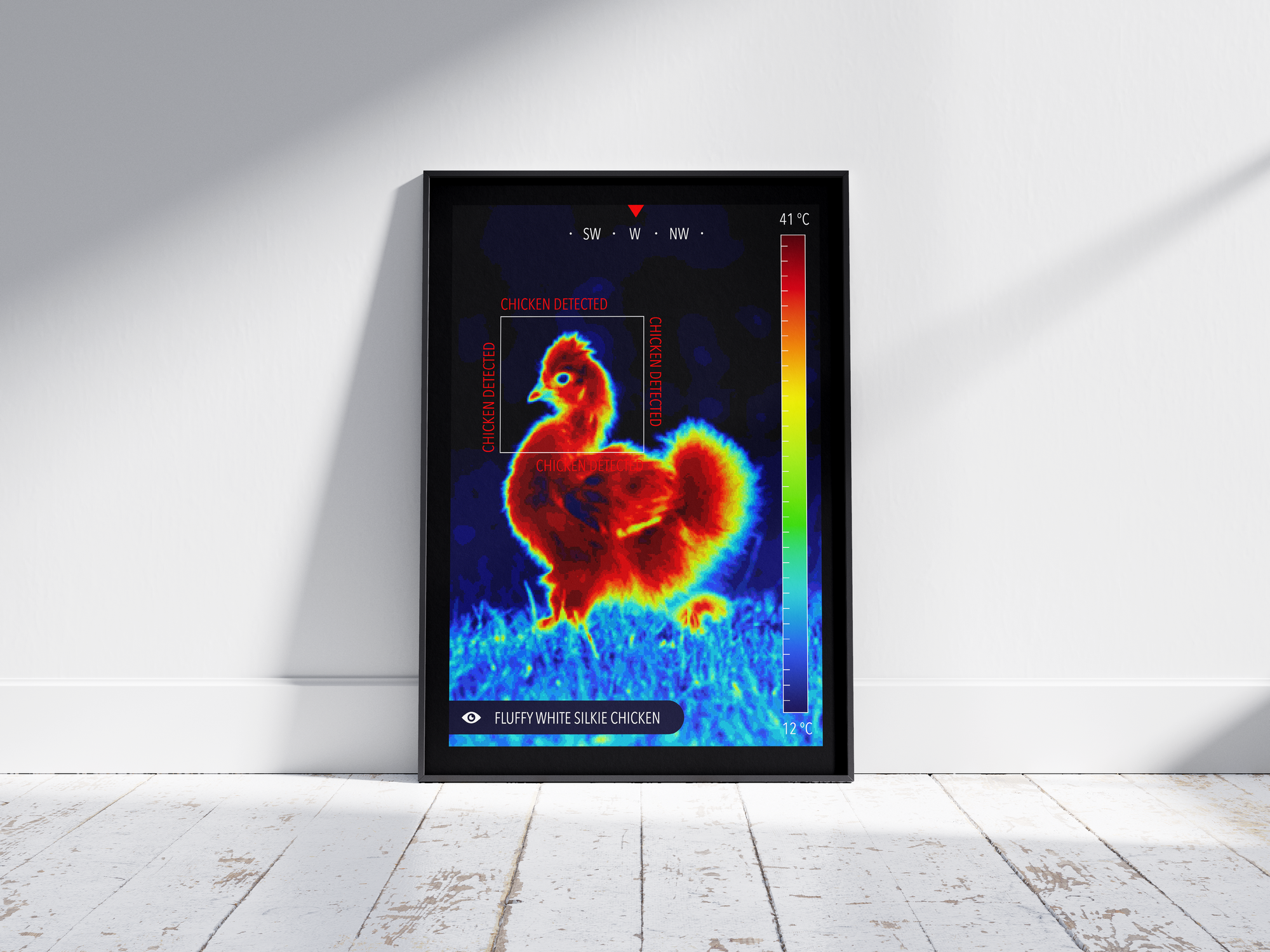 Modern infrared Silkie chicken poster featuring a fluffy chicken in vibrant thermal colors, printed on semi-gloss paper. Perfect wall art for kitchens, farmhouses, or modern homes with a cozy aesthetic.