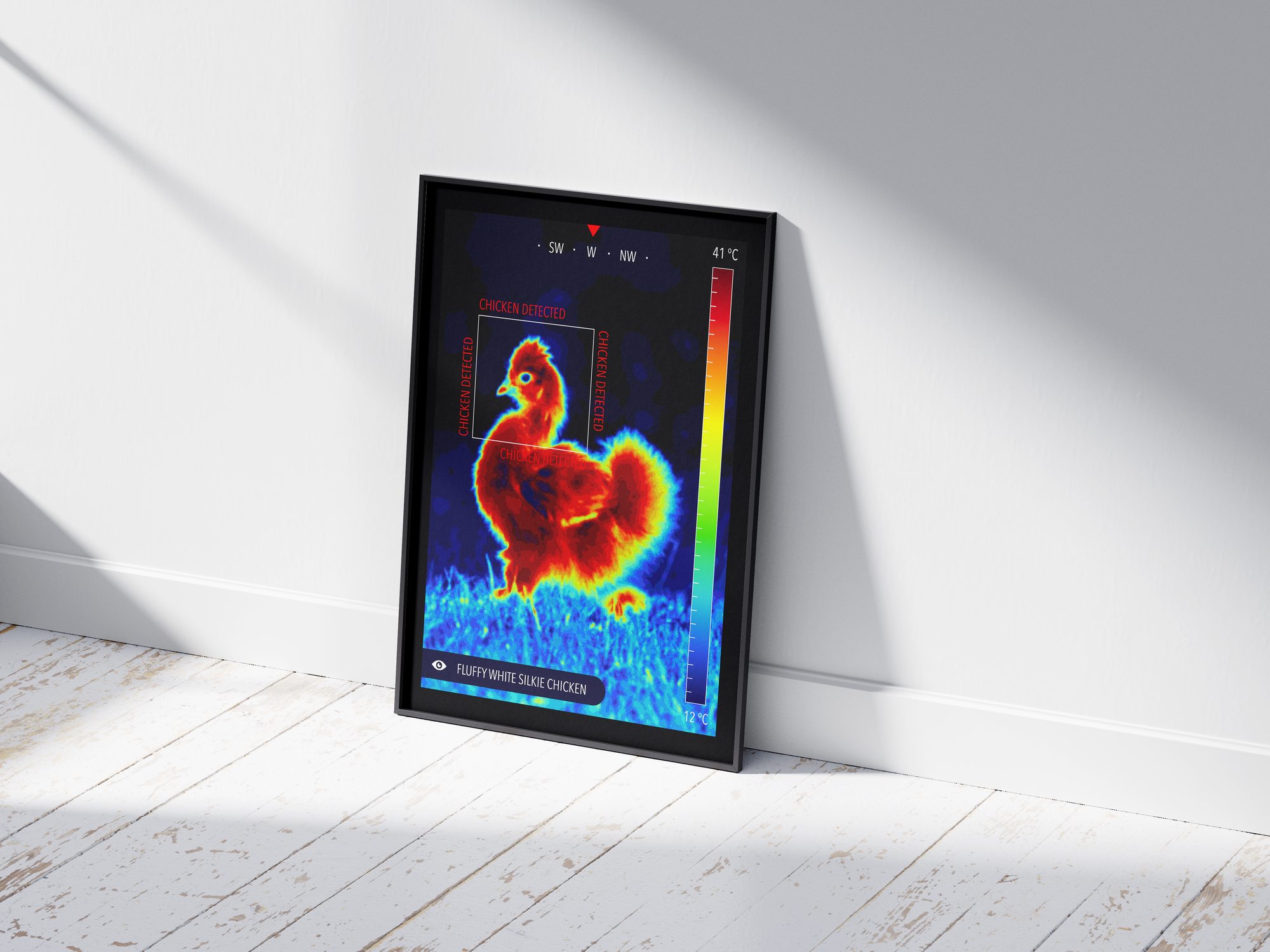 Modern infrared Silkie chicken poster featuring a fluffy chicken in vibrant thermal colors, printed on semi-gloss paper. Perfect wall art for kitchens, farmhouses, or modern homes with a cozy aesthetic.