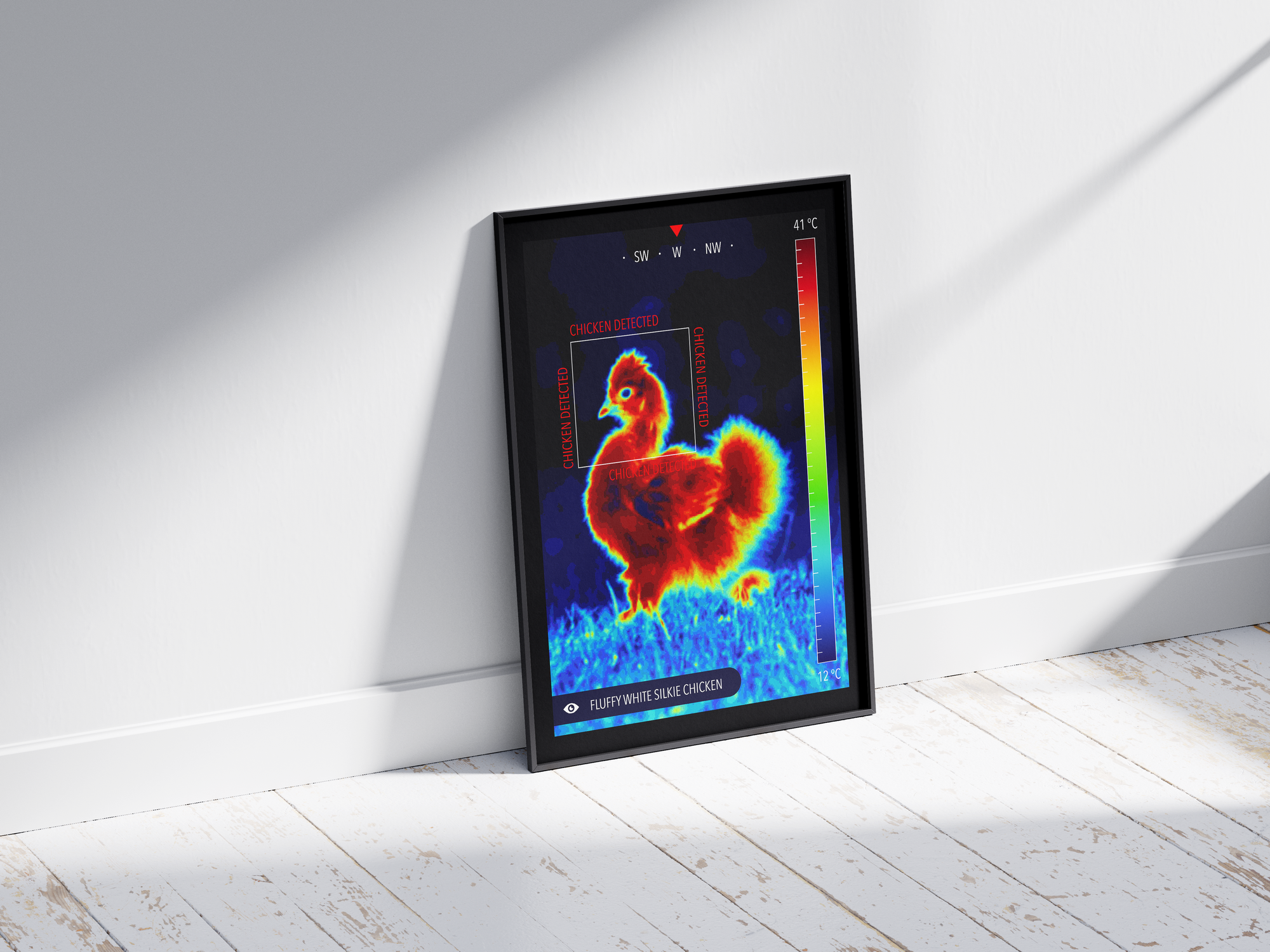Modern infrared Silkie chicken poster featuring a fluffy chicken in vibrant thermal colors, printed on semi-gloss paper. Perfect wall art for kitchens, farmhouses, or modern homes with a cozy aesthetic.