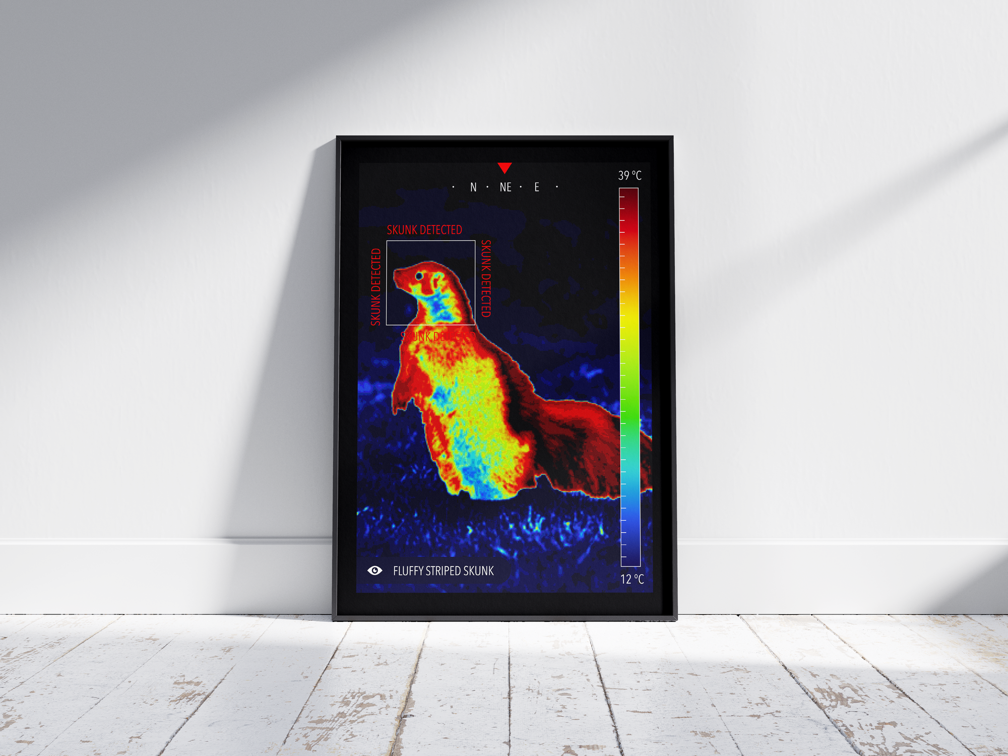 Modern infrared skunk poster featuring a fluffy skunk illustration in vibrant thermal colors, printed on semi-gloss paper. Perfect wall art for living rooms, studies, or modern homes with a unique, quirky aesthetic.