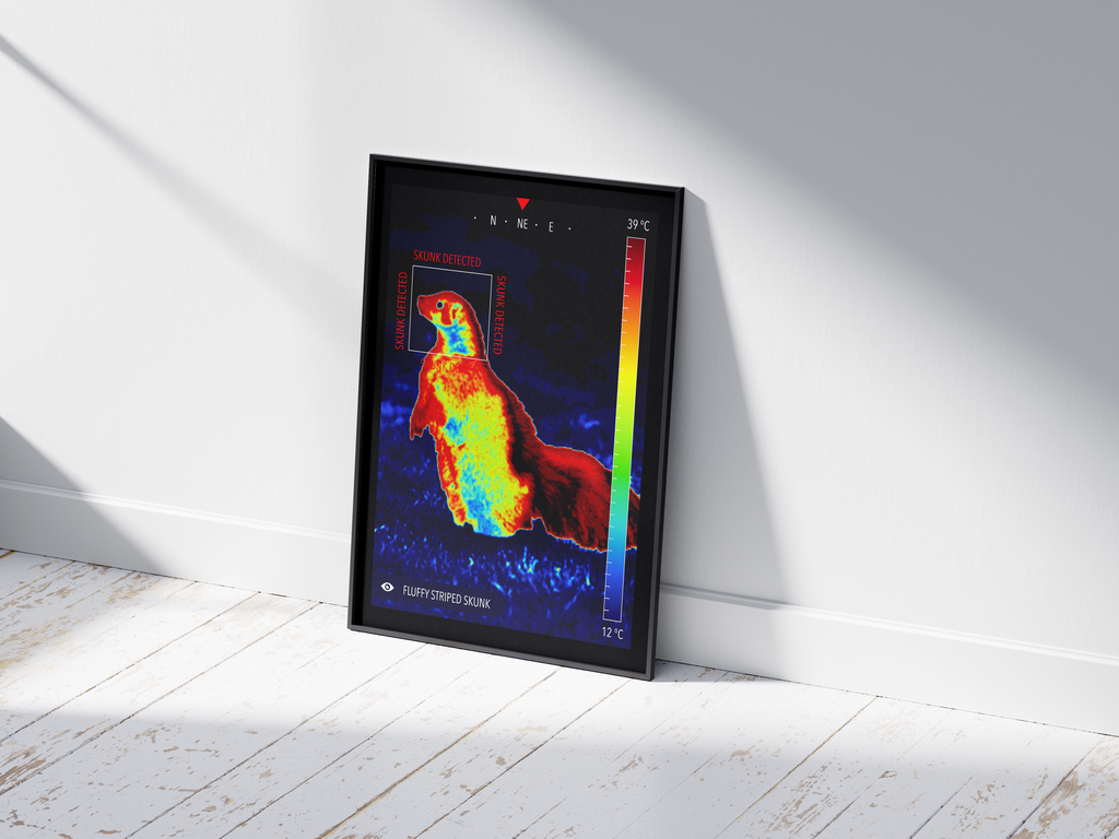 Modern infrared skunk poster featuring a fluffy skunk illustration in vibrant thermal colors, printed on semi-gloss paper. Perfect wall art for living rooms, studies, or modern homes with a unique, quirky aesthetic.