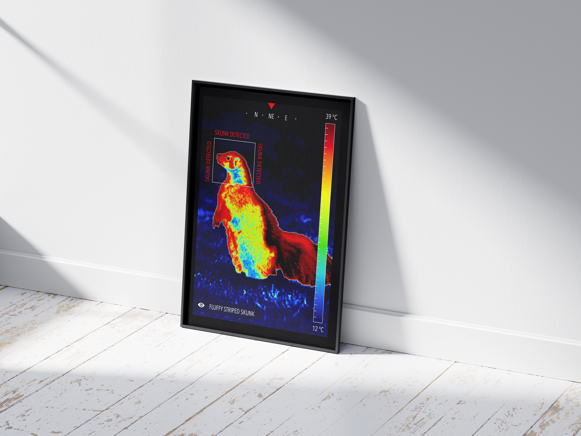 Modern infrared skunk poster featuring a fluffy skunk illustration in vibrant thermal colors, printed on semi-gloss paper. Perfect wall art for living rooms, studies, or modern homes with a unique, quirky aesthetic.