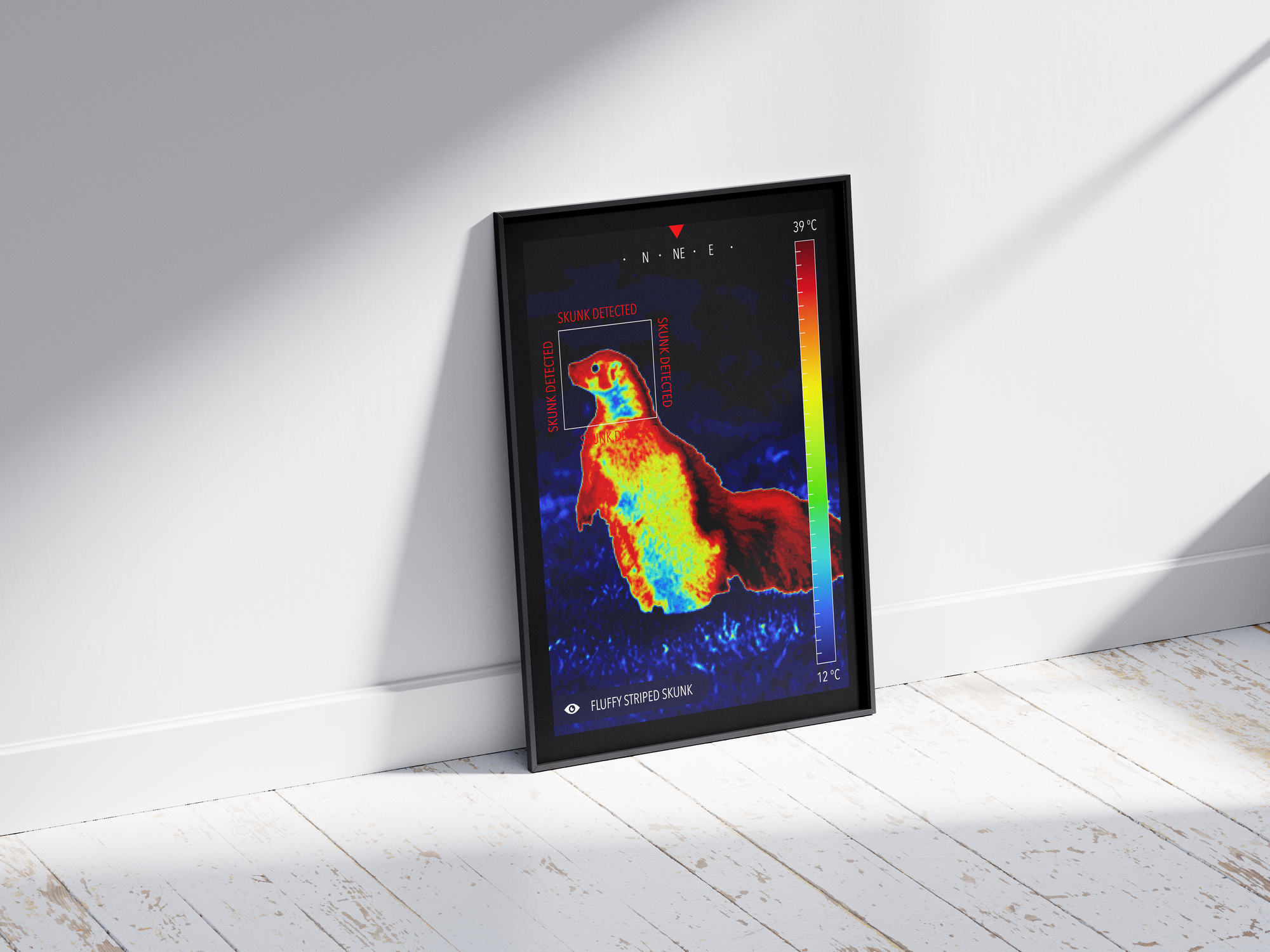 Modern infrared skunk poster featuring a fluffy skunk illustration in vibrant thermal colors, printed on semi-gloss paper. Perfect wall art for living rooms, studies, or modern homes with a unique, quirky aesthetic.