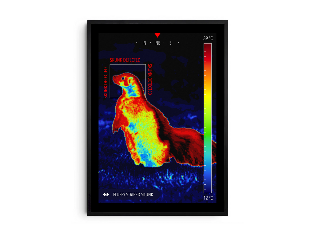 Modern infrared skunk poster featuring a fluffy skunk illustration in vibrant thermal colors, printed on semi-gloss paper. Perfect wall art for living rooms, studies, or modern homes with a unique, quirky aesthetic.