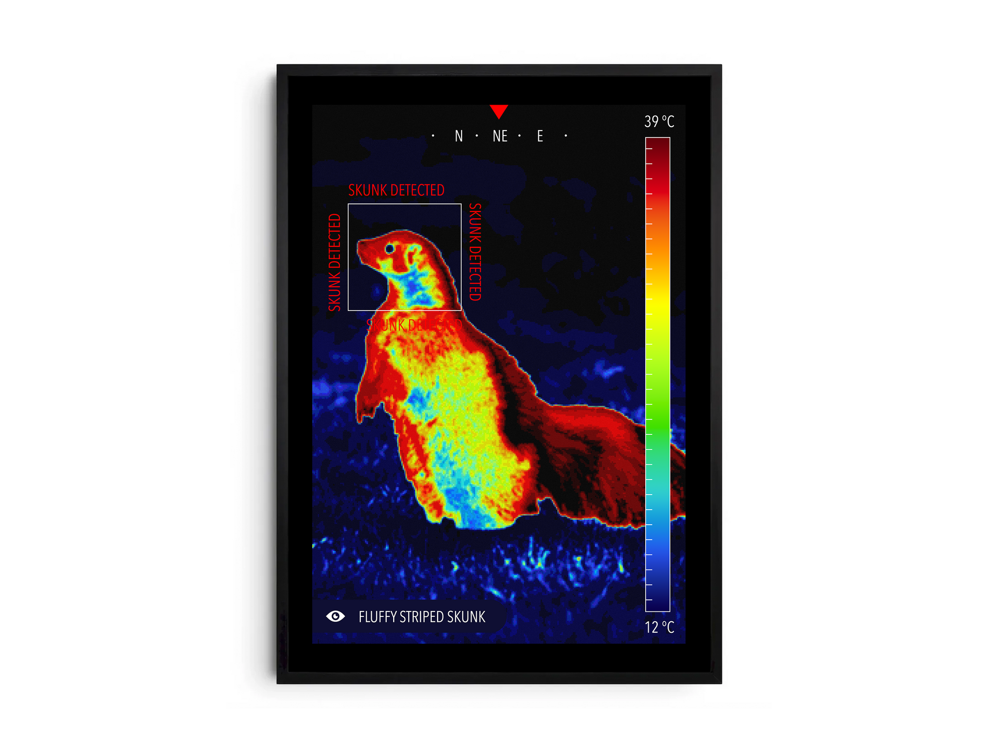 Modern infrared skunk poster featuring a fluffy skunk illustration in vibrant thermal colors, printed on semi-gloss paper. Perfect wall art for living rooms, studies, or modern homes with a unique, quirky aesthetic.