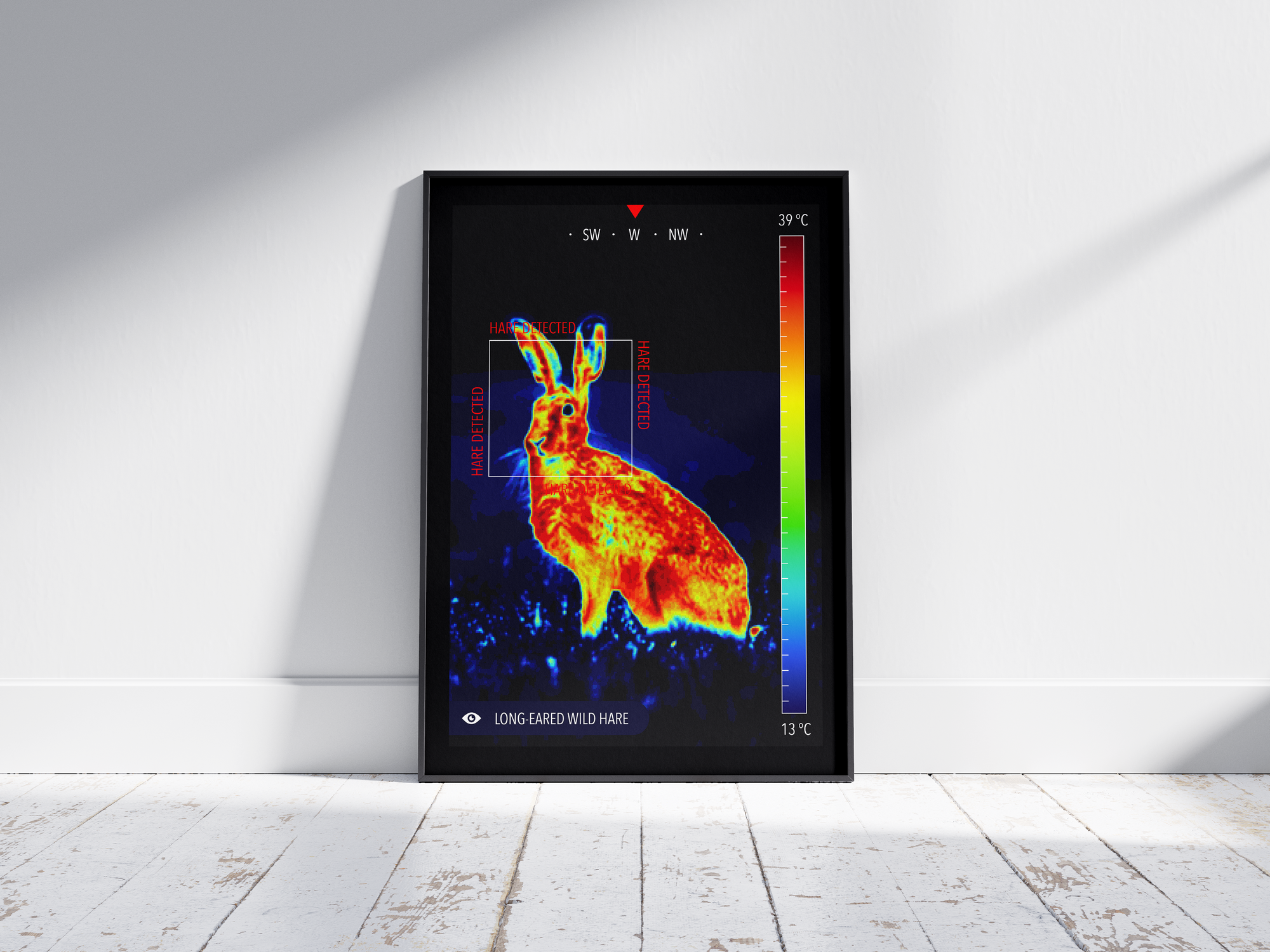 Modern infrared wild hare poster featuring a detailed wildlife illustration in vibrant thermal colors, printed on semi-gloss paper. Perfect wall art for living rooms, studies, or modern interiors with a calm, natural aesthetic.