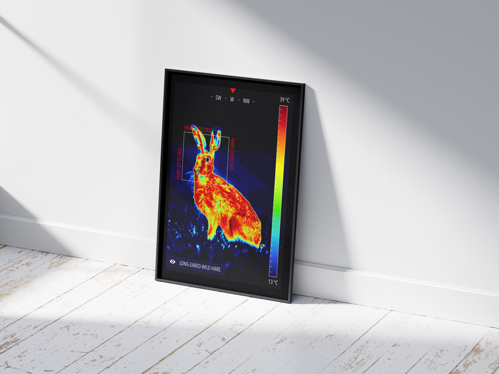 Modern infrared wild hare poster featuring a detailed wildlife illustration in vibrant thermal colors, printed on semi-gloss paper. Perfect wall art for living rooms, studies, or modern interiors with a calm, natural aesthetic.