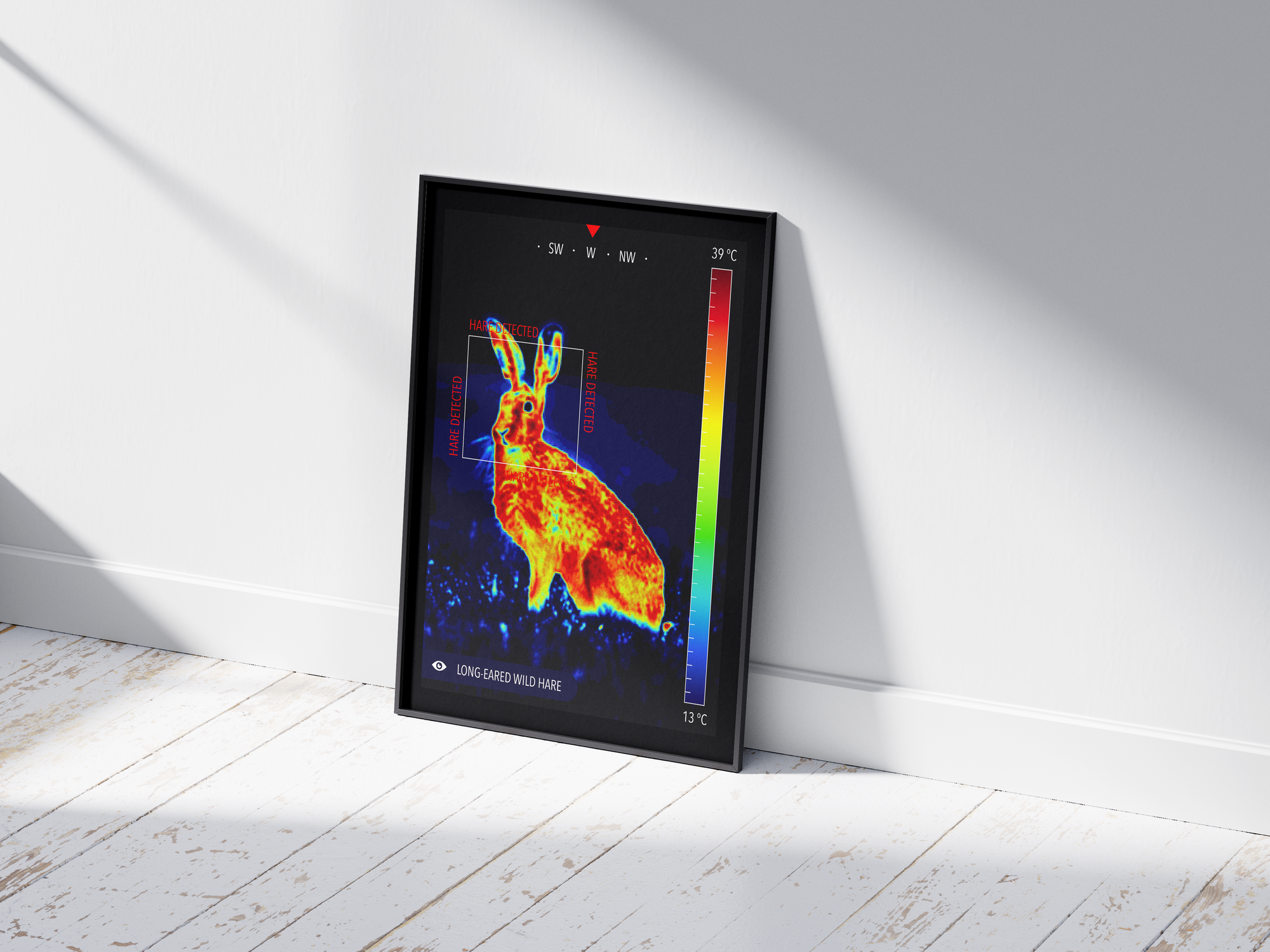 Modern infrared wild hare poster featuring a detailed wildlife illustration in vibrant thermal colors, printed on semi-gloss paper. Perfect wall art for living rooms, studies, or modern interiors with a calm, natural aesthetic.
