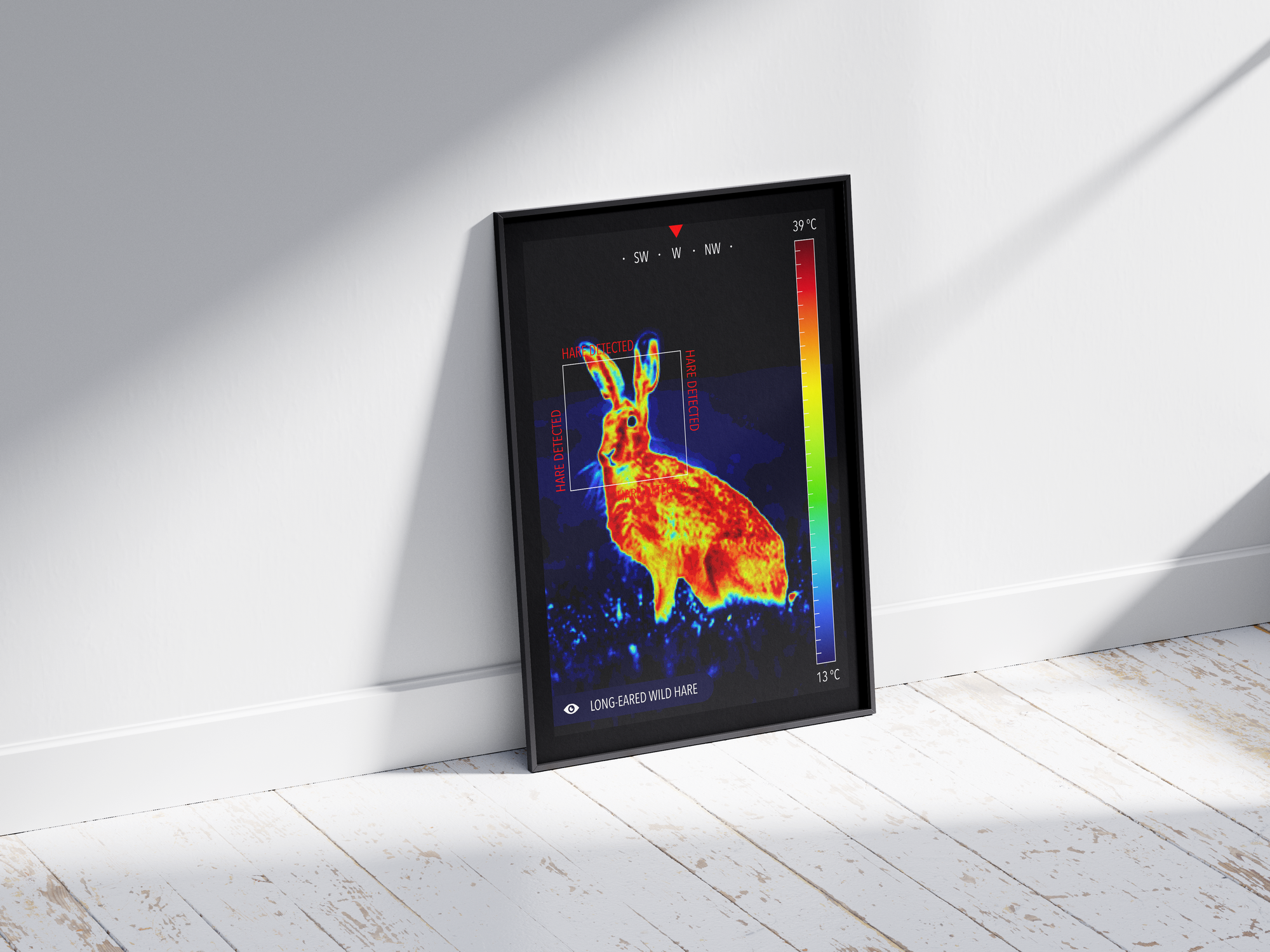 Modern infrared wild hare poster featuring a detailed wildlife illustration in vibrant thermal colors, printed on semi-gloss paper. Perfect wall art for living rooms, studies, or modern interiors with a calm, natural aesthetic.
