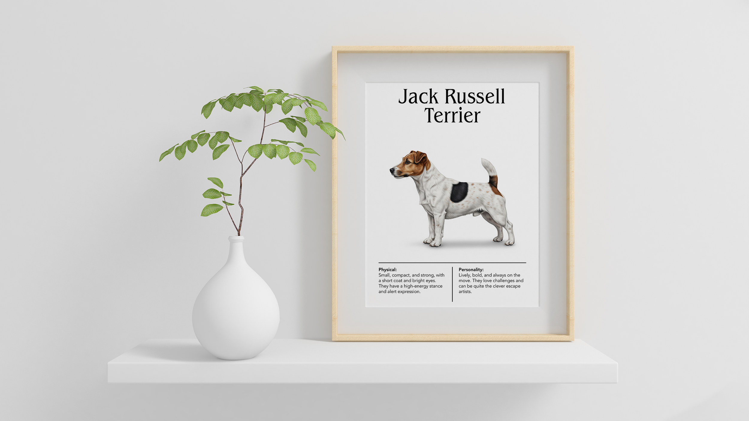 A light wood-framed poster of a white and brown Jack Russell Terrier, displayed on a white wall shelf next to a white vase with green leafy branches.