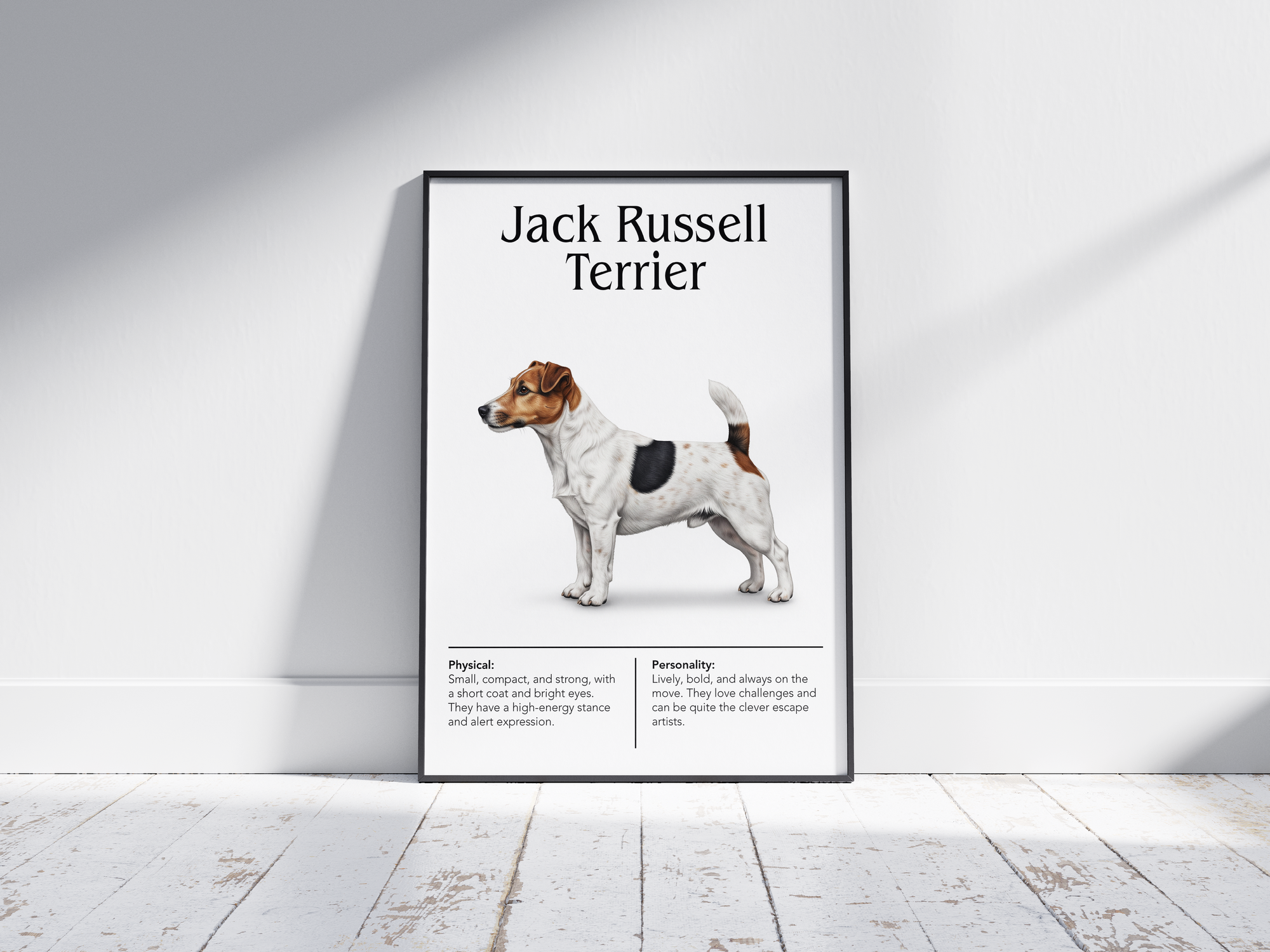 Detailed Jack Russell Terrier dog breed poster showcasing its alert expression and energetic, tenacious personality traits, printed on semi-gloss sustainable paper. Perfect wall art for active living rooms, playrooms, or modern interiors with a lively and spirited aesthetic.