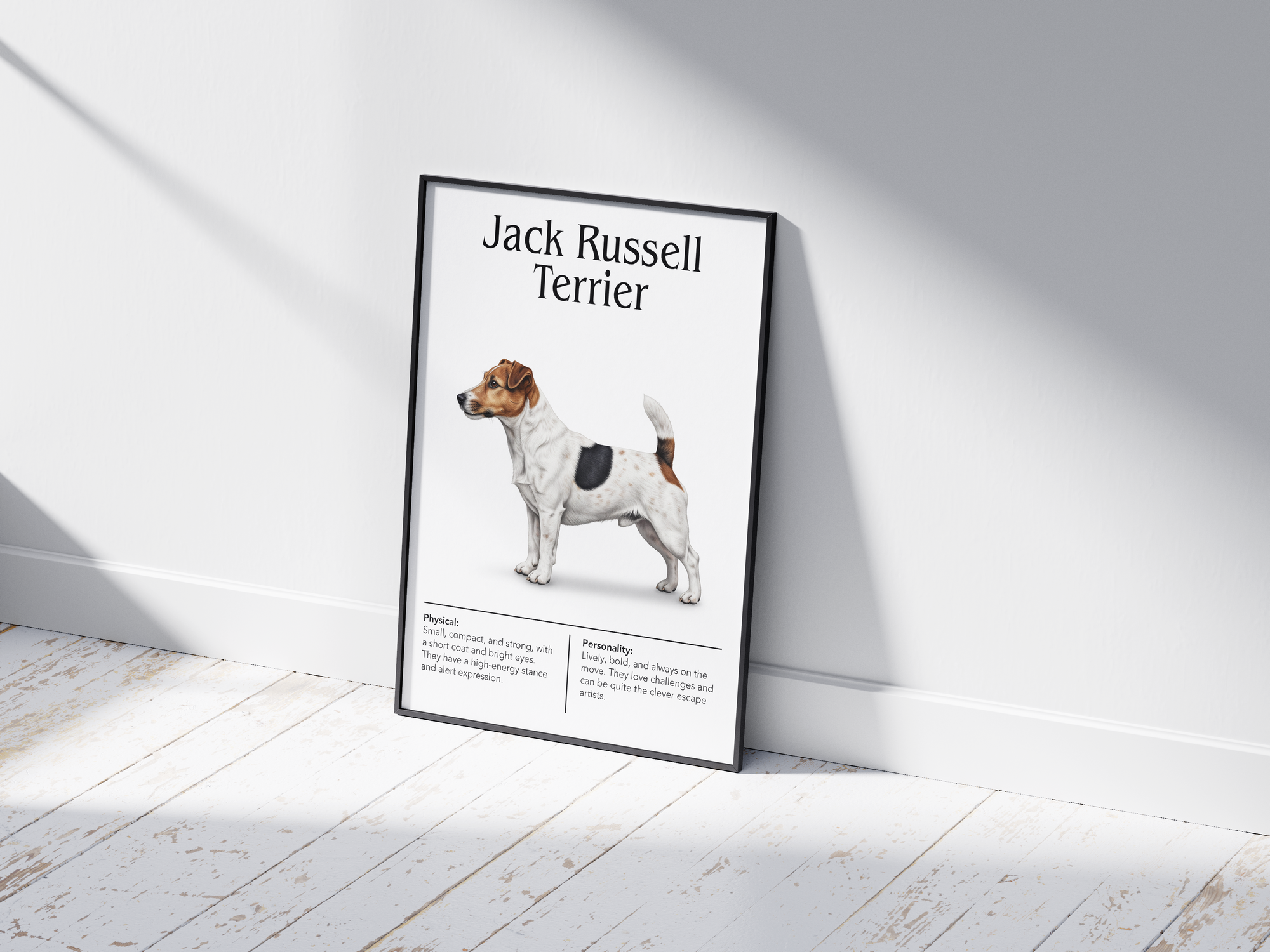 Detailed Jack Russell Terrier dog breed poster showcasing its alert expression and energetic, tenacious personality traits, printed on semi-gloss sustainable paper. Perfect wall art for active living rooms, playrooms, or modern interiors with a lively and spirited aesthetic.