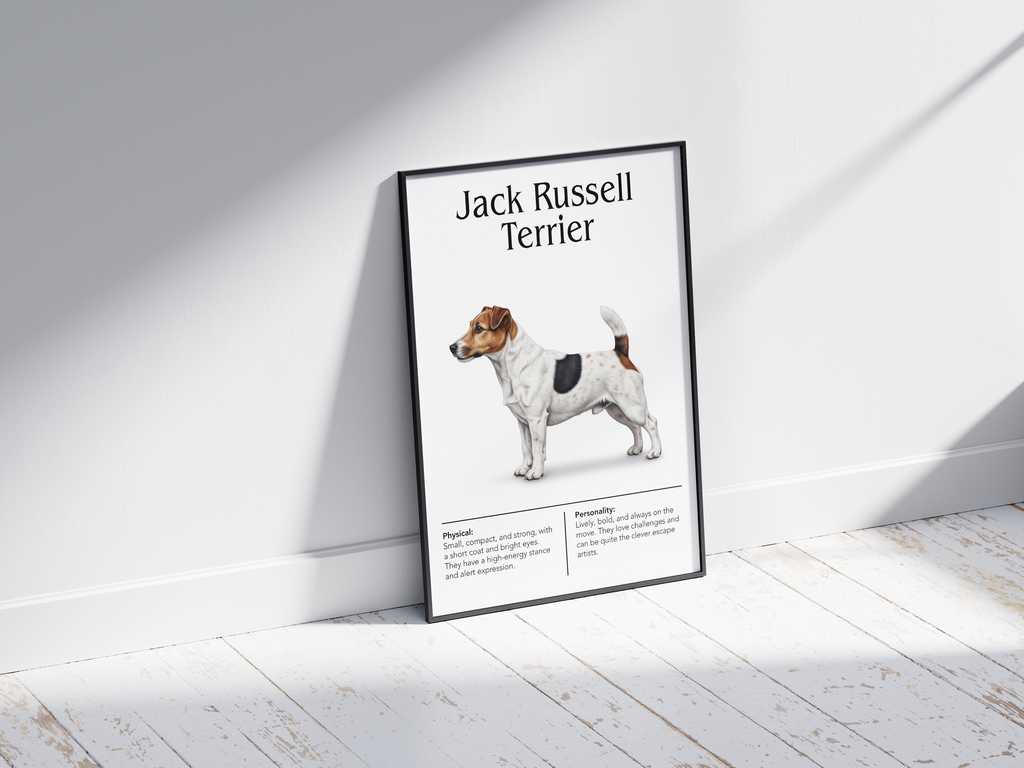 Detailed Jack Russell Terrier dog breed poster showcasing its alert expression and energetic, tenacious personality traits, printed on semi-gloss sustainable paper. Perfect wall art for active living rooms, playrooms, or modern interiors with a lively and spirited aesthetic.