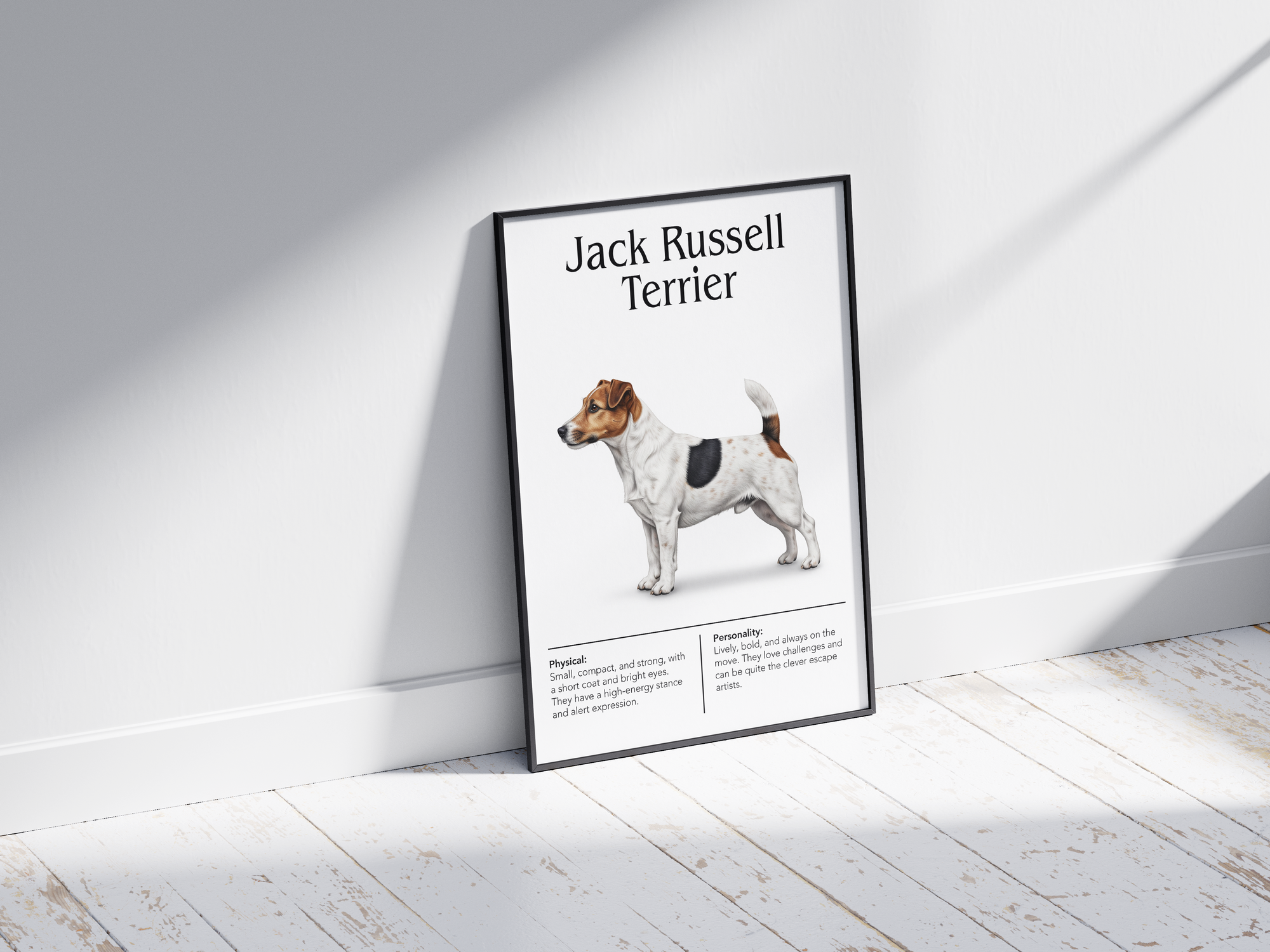 Detailed Jack Russell Terrier dog breed poster showcasing its alert expression and energetic, tenacious personality traits, printed on semi-gloss sustainable paper. Perfect wall art for active living rooms, playrooms, or modern interiors with a lively and spirited aesthetic.