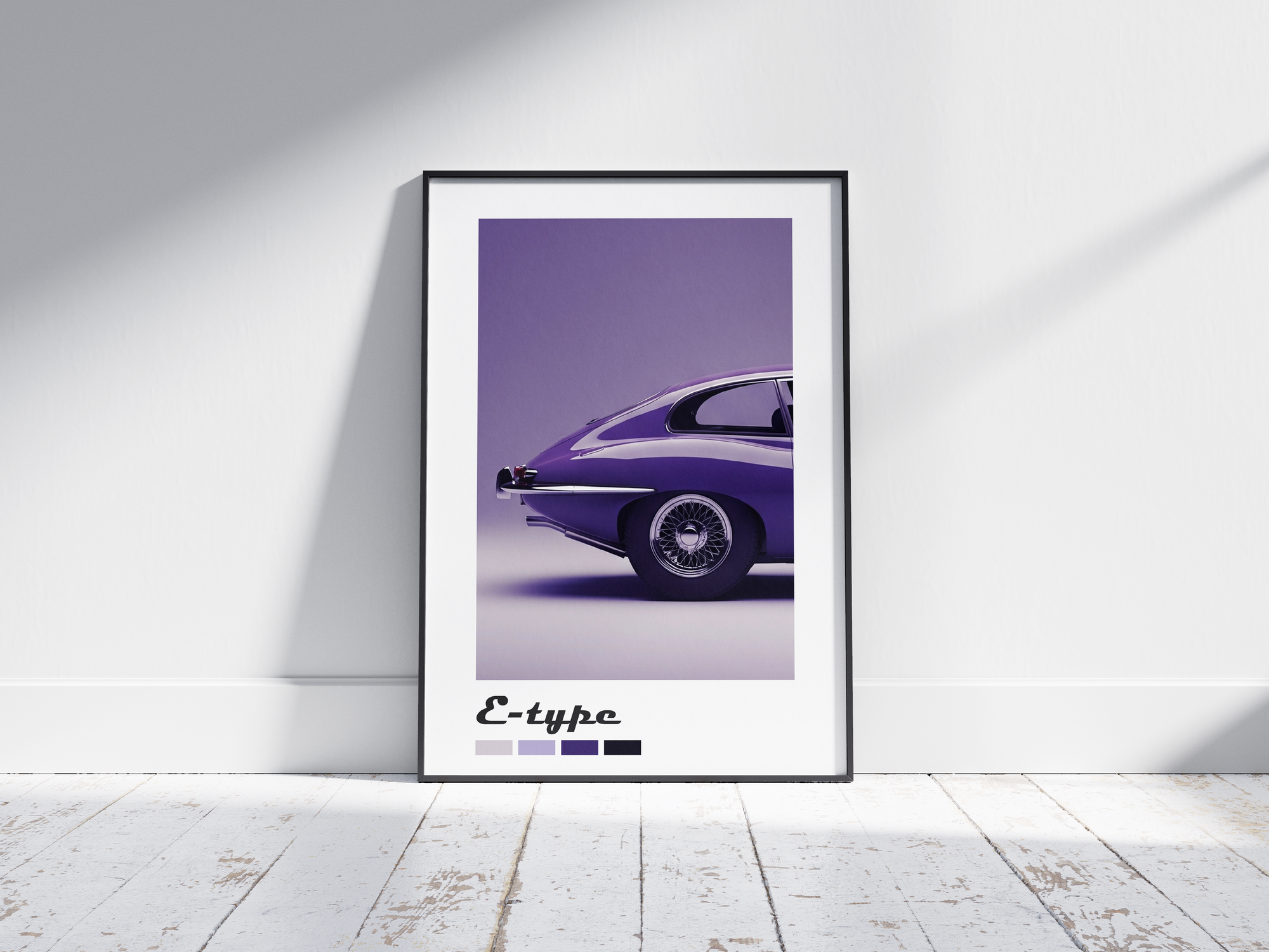 Elegant Jaguar E-Type car poster featuring a detailed classic illustration in refined tones, printed on semi-gloss sustainable paper. Perfect wall art for offices, living rooms, or modern interiors with a sophisticated and timeless aesthetic.