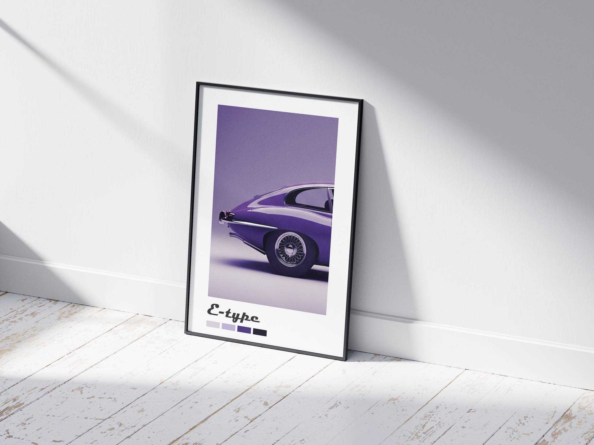 Elegant Jaguar E-Type car poster featuring a detailed classic illustration in refined tones, printed on semi-gloss sustainable paper. Perfect wall art for offices, living rooms, or modern interiors with a sophisticated and timeless aesthetic.