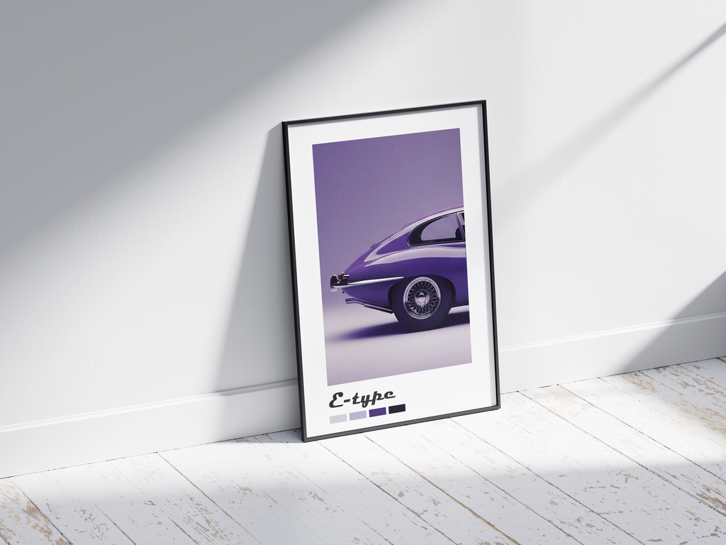 Elegant Jaguar E-Type car poster featuring a detailed classic illustration in refined tones, printed on semi-gloss sustainable paper. Perfect wall art for offices, living rooms, or modern interiors with a sophisticated and timeless aesthetic.