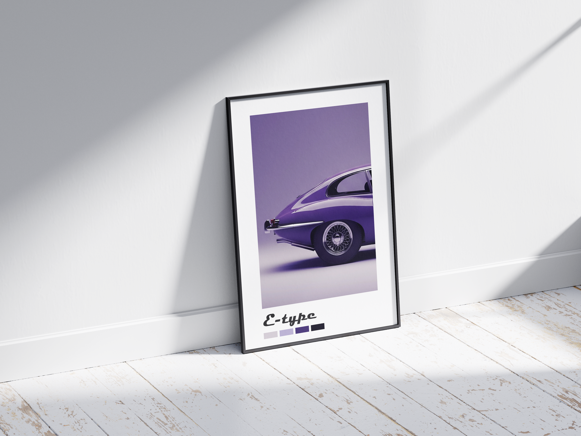 Elegant Jaguar E-Type car poster featuring a detailed classic illustration in refined tones, printed on semi-gloss sustainable paper. Perfect wall art for offices, living rooms, or modern interiors with a sophisticated and timeless aesthetic.