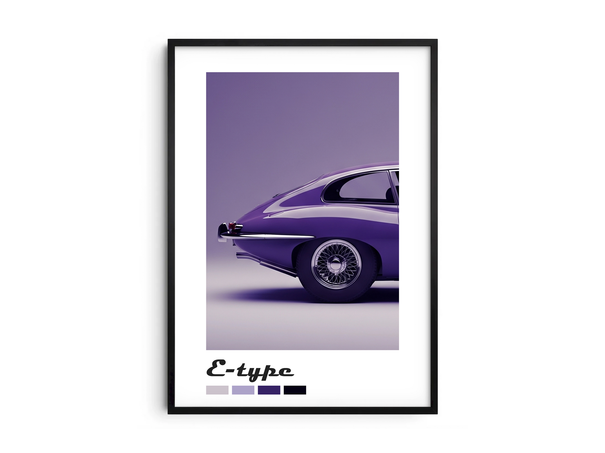 Elegant Jaguar E-Type car poster featuring a detailed classic illustration in refined tones, printed on semi-gloss sustainable paper. Perfect wall art for offices, living rooms, or modern interiors with a sophisticated and timeless aesthetic.