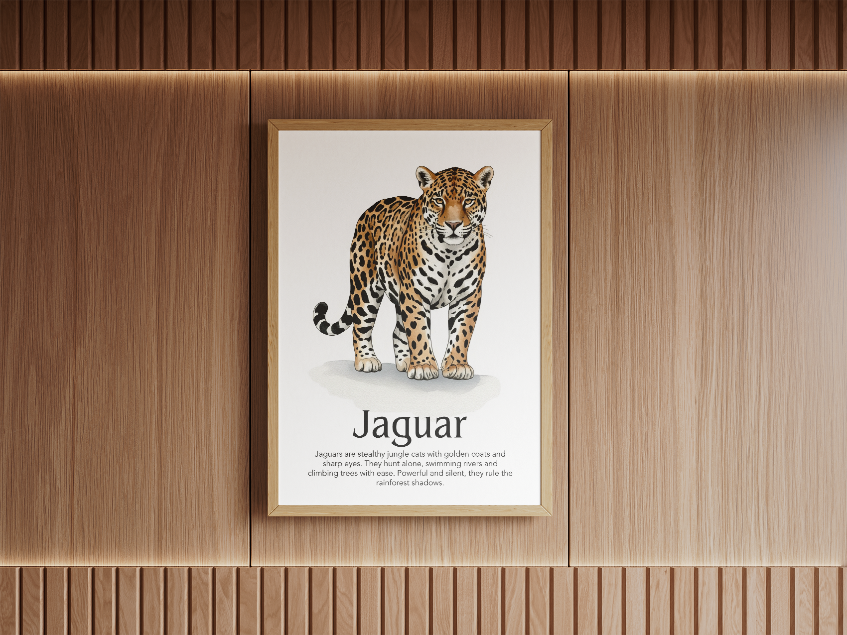 A majestic wildlife art print featuring a realistic, full-body illustration of a Jaguar with its distinct spotted coat and golden eyes, accompanied by an informative description about its jungle habitat and characteristics. Perfect for adding a bold, natural element to a wooden-paneled study, living room, or office. The framed print hangs centered on a modern, natural wood-slat accent wall.
