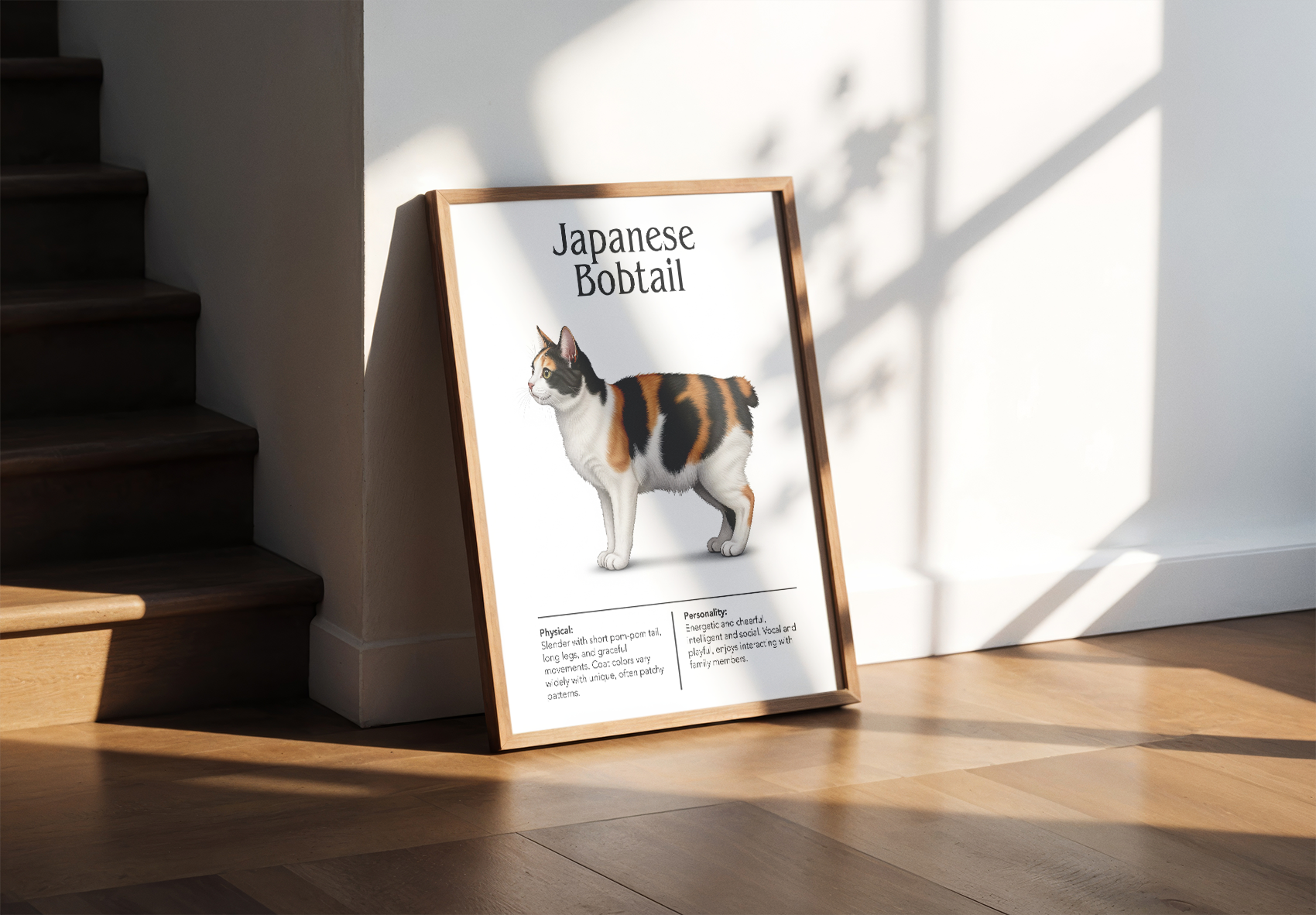 A charming cat breed information poster featuring a realistic illustration of a Japanese Bobtail cat with a beautiful calico coat, complete with a description of its physical traits and playful personality. Ideal for cat lovers and adding a warm, informative touch to a hallway or study. The wood-framed print is leaning against a white wall next to wooden stairs, bathed in bright sunlight and shadows.