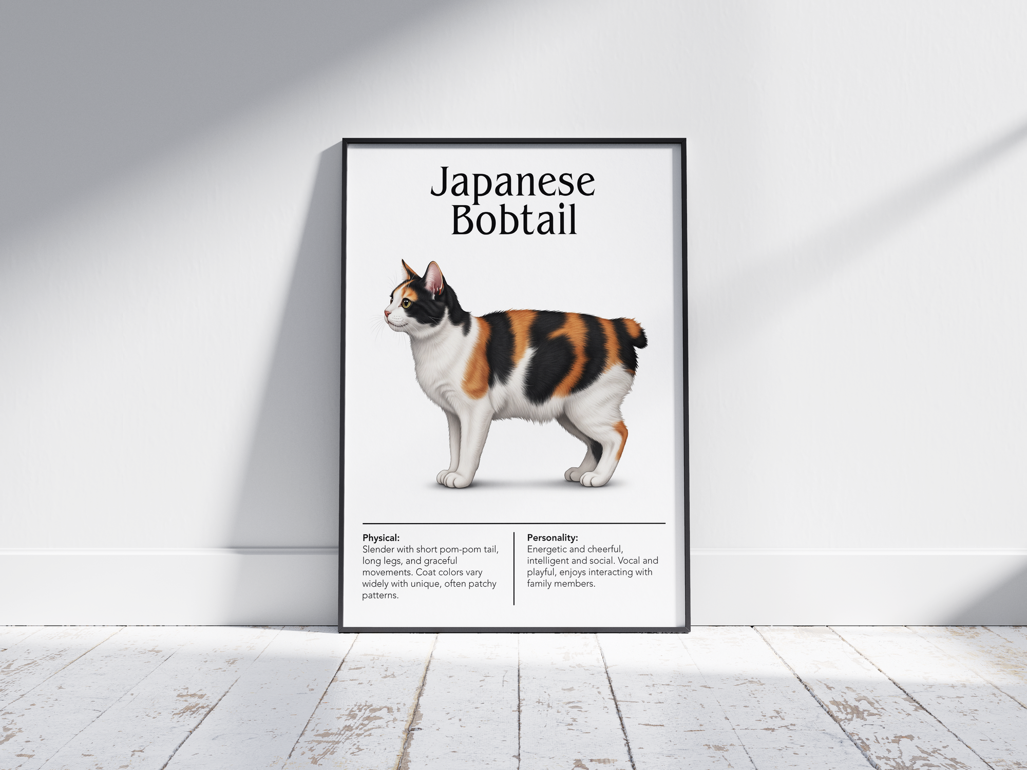 Charming Japanese Bobtail cat breed poster featuring a detailed illustration of the cat with its distinctive bobtail, printed on semi-gloss sustainable paper. Perfect wall art for playrooms, living rooms, or modern interiors with a playful and cheerful aesthetic.