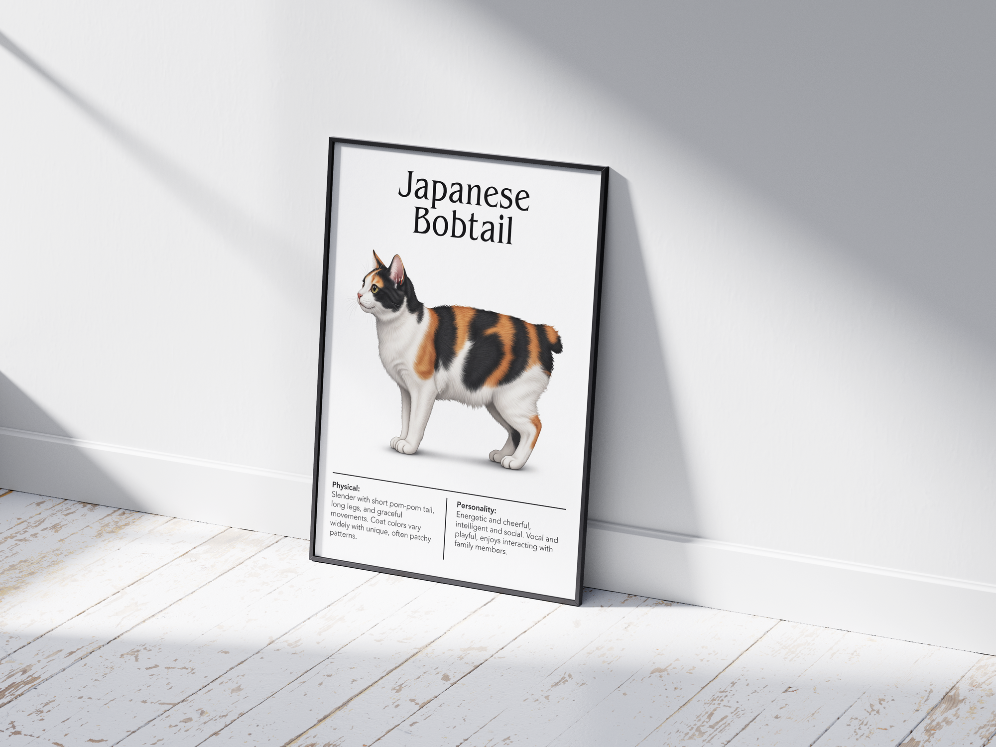 Charming Japanese Bobtail cat breed poster featuring a detailed illustration of the cat with its distinctive bobtail, printed on semi-gloss sustainable paper. Perfect wall art for playrooms, living rooms, or modern interiors with a playful and cheerful aesthetic.