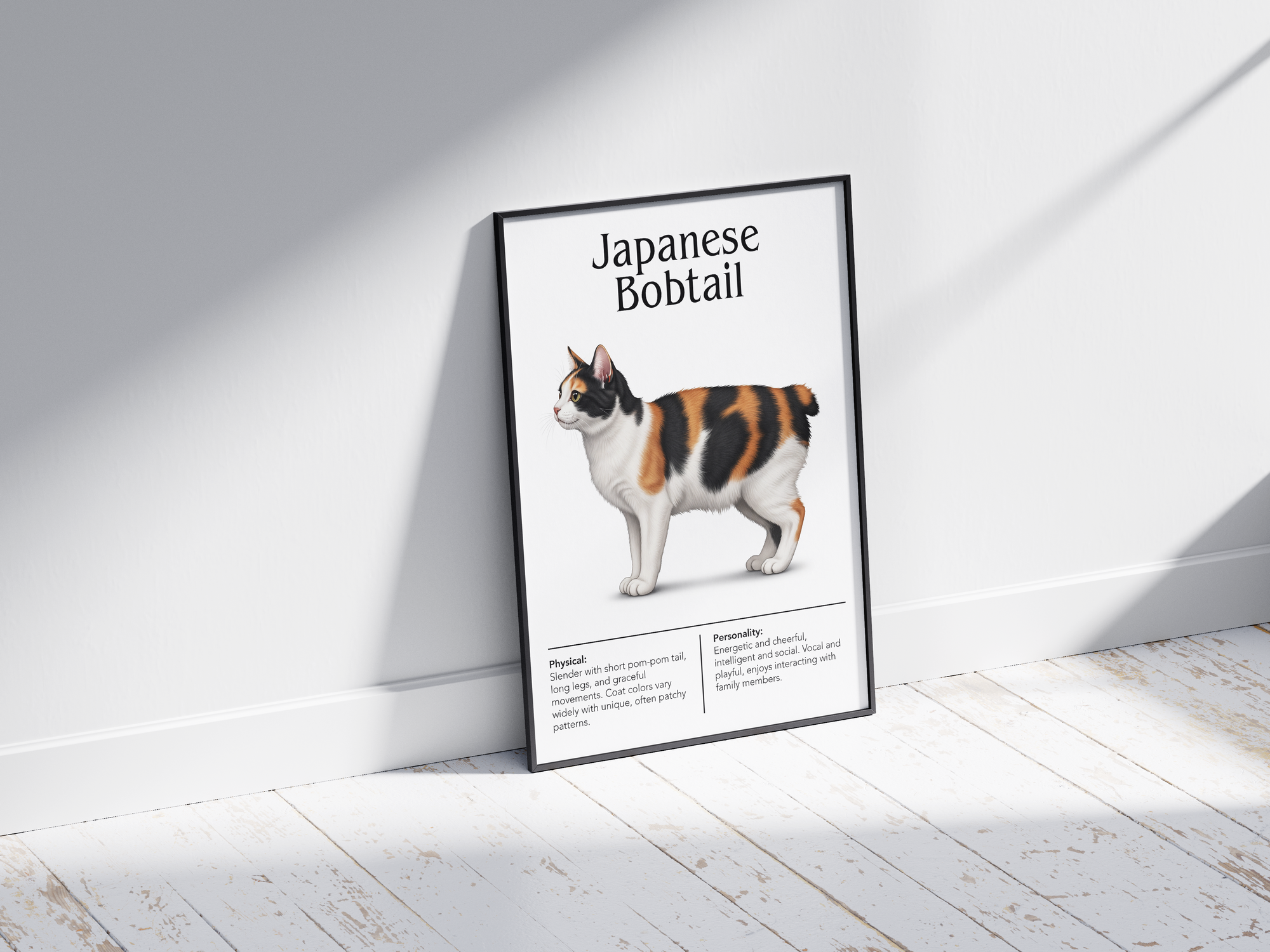 Charming Japanese Bobtail cat breed poster featuring a detailed illustration of the cat with its distinctive bobtail, printed on semi-gloss sustainable paper. Perfect wall art for playrooms, living rooms, or modern interiors with a playful and cheerful aesthetic.