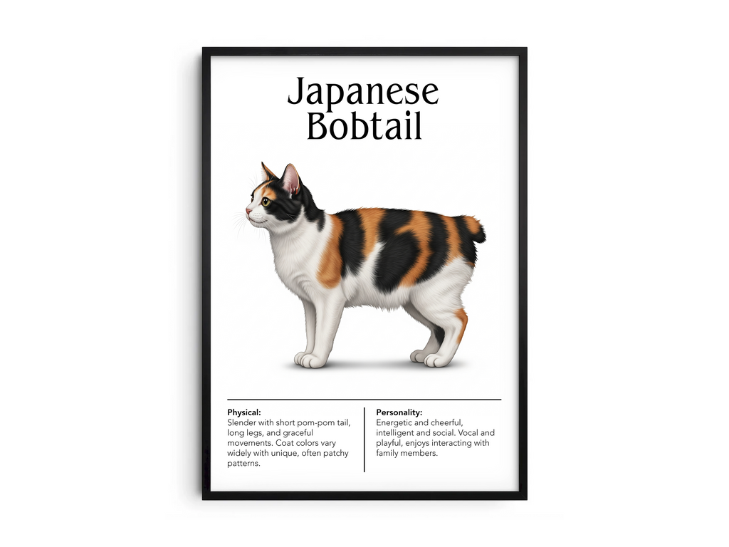 Charming Japanese Bobtail cat breed poster featuring a detailed illustration of the cat with its distinctive bobtail, printed on semi-gloss sustainable paper. Perfect wall art for playrooms, living rooms, or modern interiors with a playful and cheerful aesthetic.
