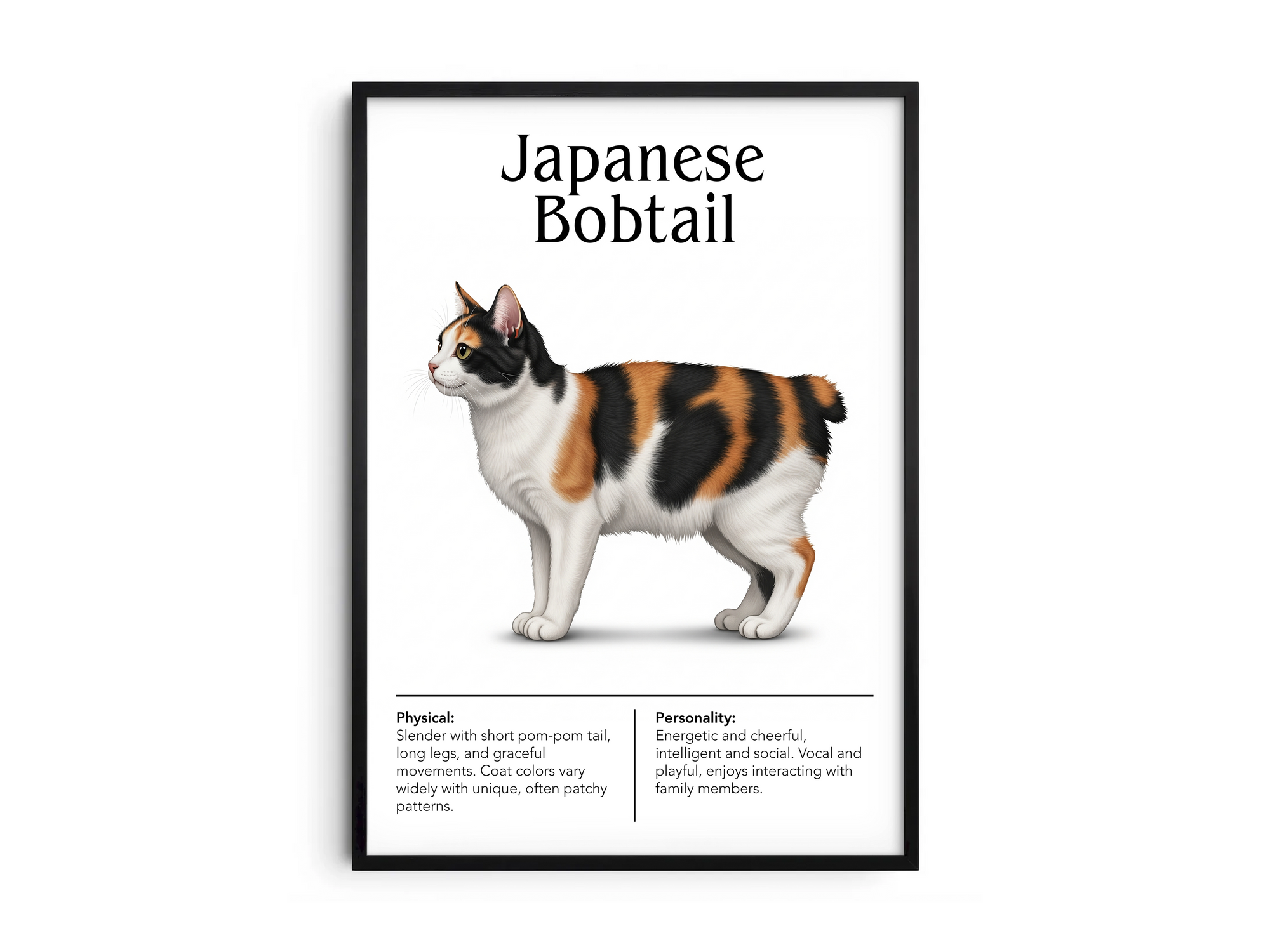 Charming Japanese Bobtail cat breed poster featuring a detailed illustration of the cat with its distinctive bobtail, printed on semi-gloss sustainable paper. Perfect wall art for playrooms, living rooms, or modern interiors with a playful and cheerful aesthetic.