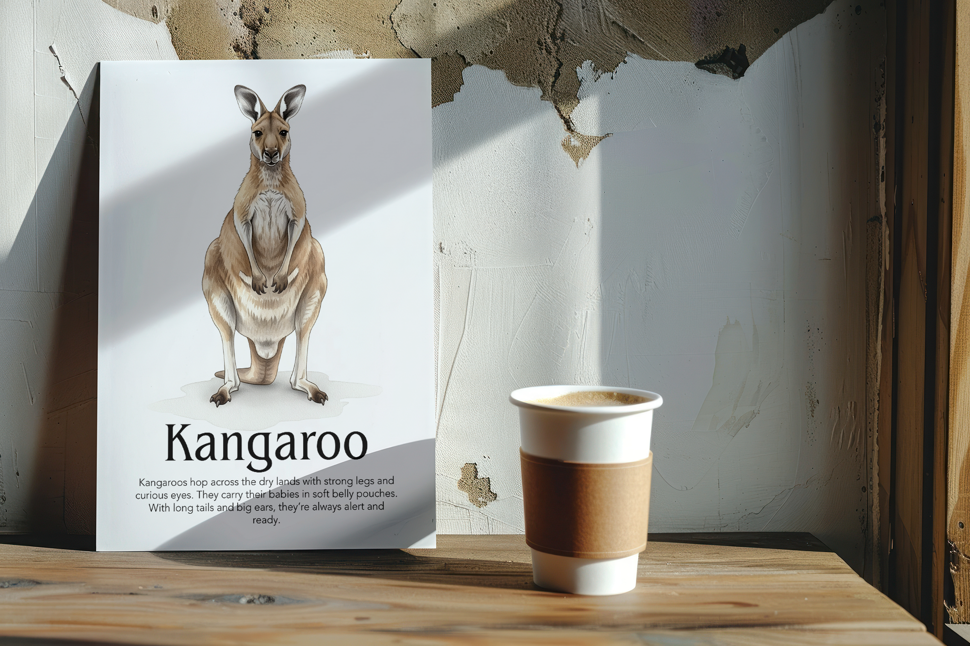 An unframed print of a Kangaroo illustration with text, "Kangaroo," leaning against a textured wall next to a coffee cup on a wooden surface.