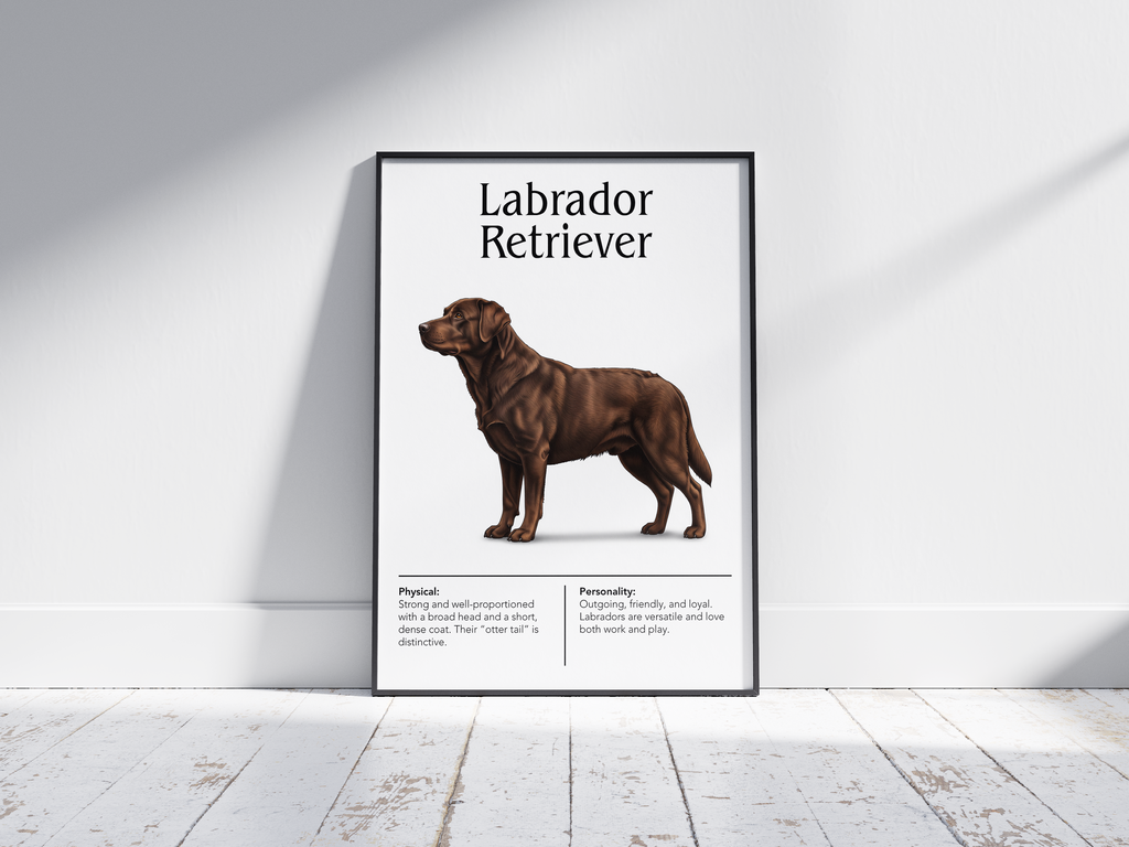 Detailed Labrador Retriever dog breed poster showcasing its friendly expression and loyal, gentle personality traits, printed on semi-gloss sustainable paper. Perfect wall art for family rooms, living rooms, or modern interiors with a warm and inviting aesthetic.