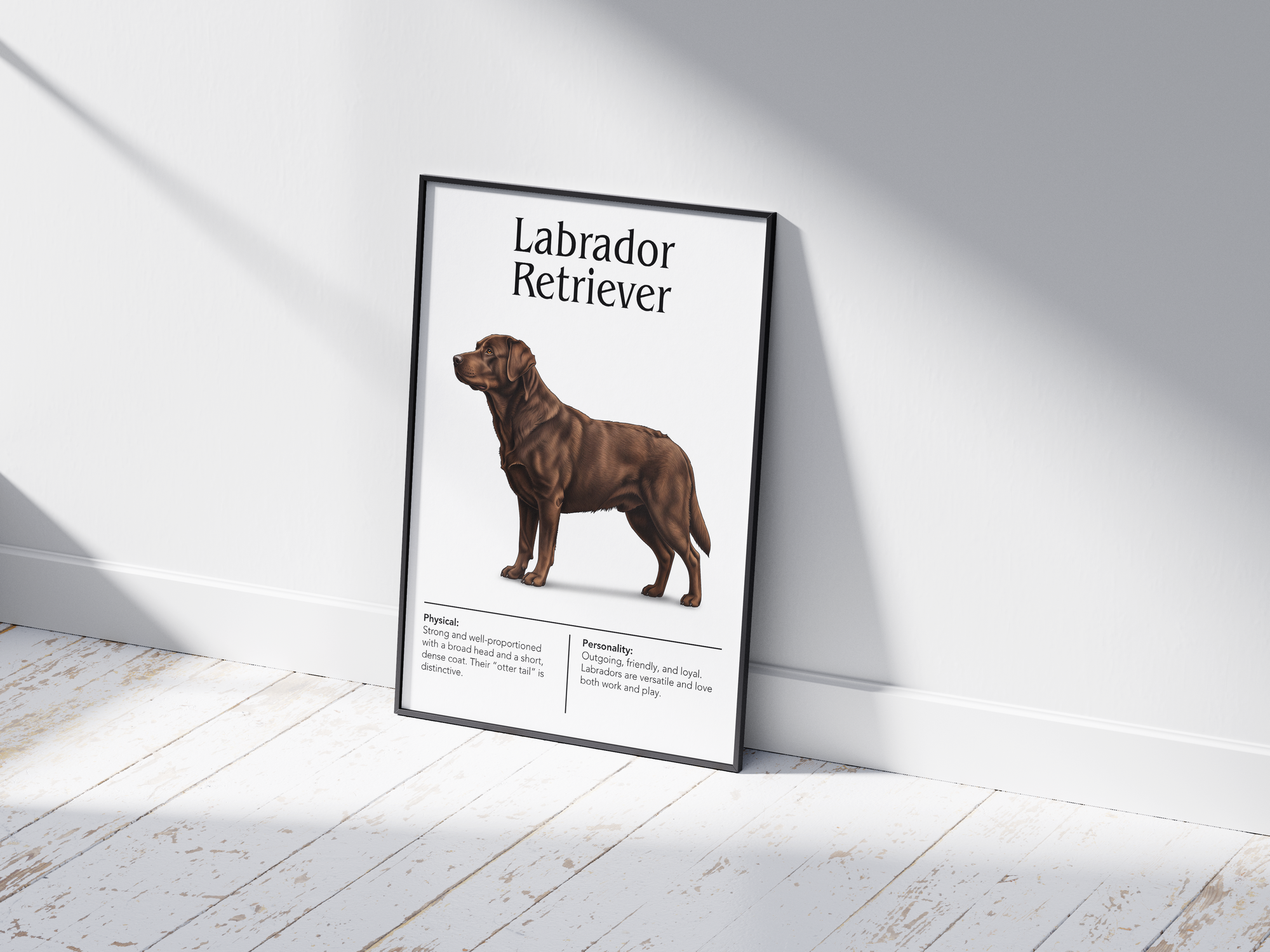 Detailed Labrador Retriever dog breed poster showcasing its friendly expression and loyal, gentle personality traits, printed on semi-gloss sustainable paper. Perfect wall art for family rooms, living rooms, or modern interiors with a warm and inviting aesthetic.