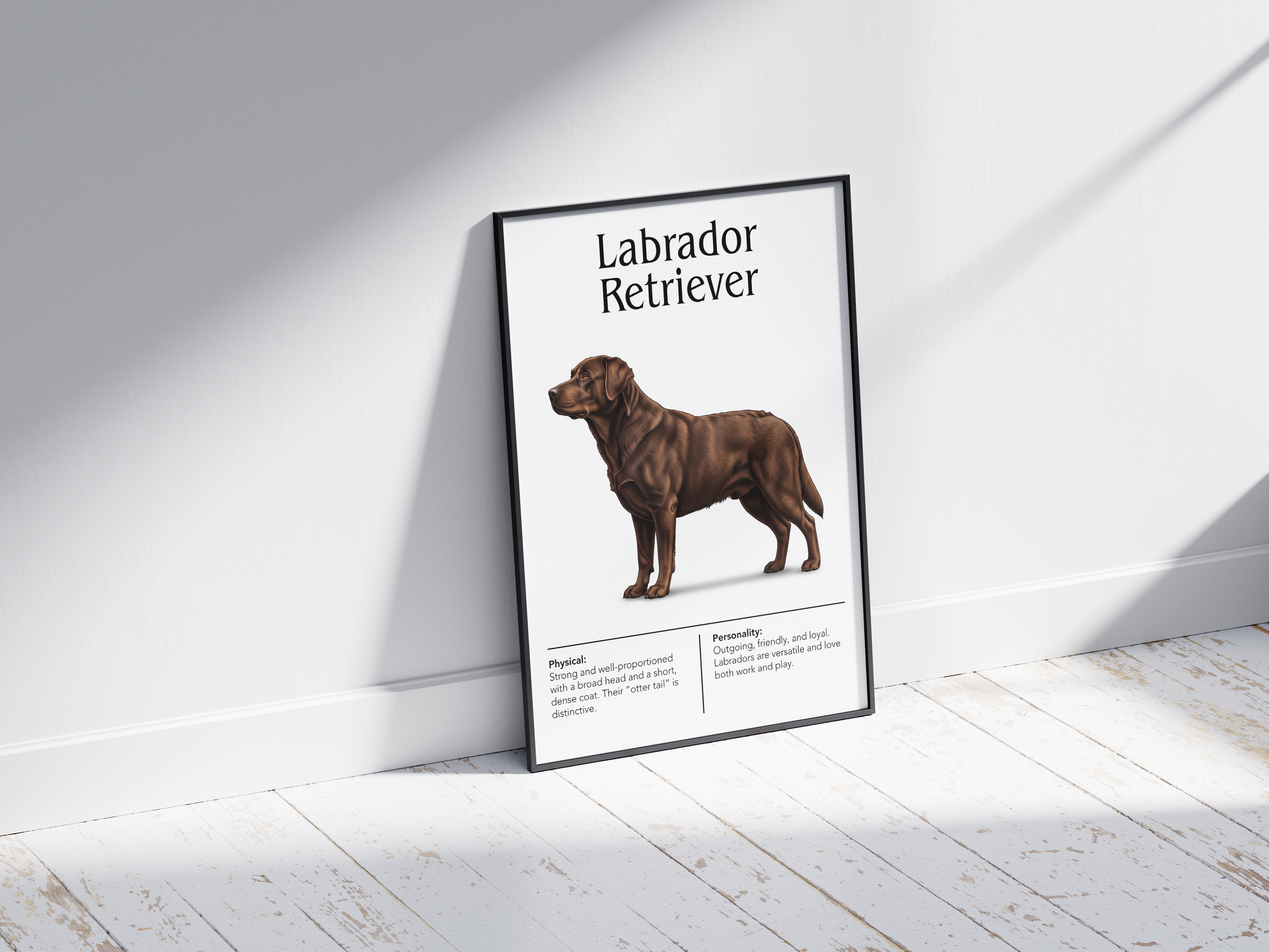 Detailed Labrador Retriever dog breed poster showcasing its friendly expression and loyal, gentle personality traits, printed on semi-gloss sustainable paper. Perfect wall art for family rooms, living rooms, or modern interiors with a warm and inviting aesthetic.