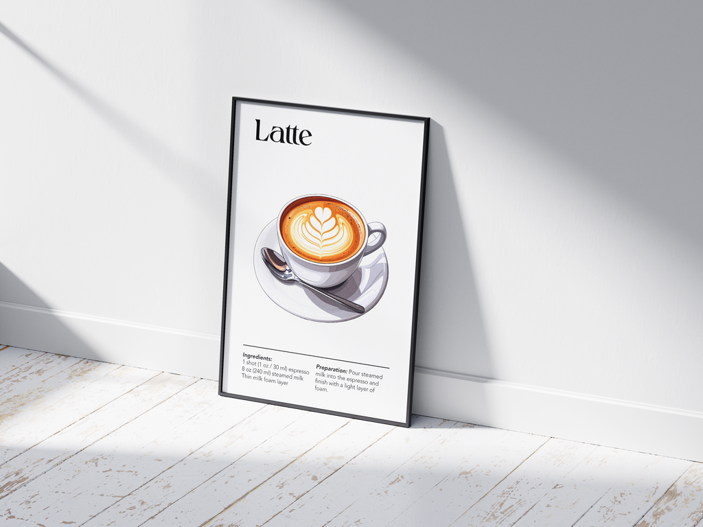 Minimalist Latte coffee art poster featuring a detailed illustration of the drink with latte art and its recipe, printed on semi-gloss sustainable paper. Perfect wall art for kitchens, coffee bars, or modern interiors with a warm and inviting aesthetic.