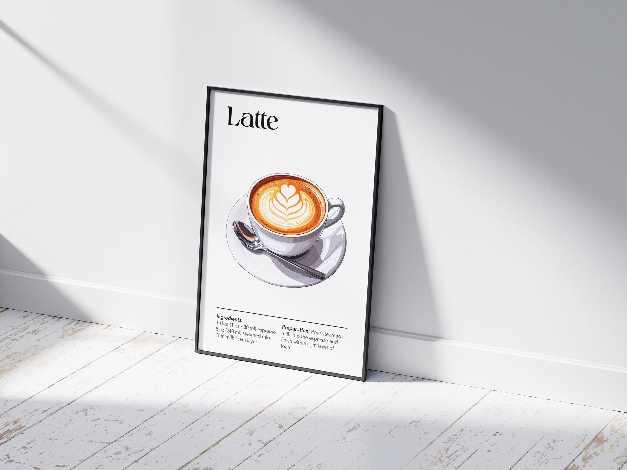 Minimalist Latte coffee art poster featuring a detailed illustration of the drink with latte art and its recipe, printed on semi-gloss sustainable paper. Perfect wall art for kitchens, coffee bars, or modern interiors with a warm and inviting aesthetic.