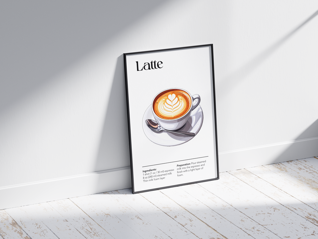 Minimalist Latte coffee art poster featuring a detailed illustration of the drink with latte art and its recipe, printed on semi-gloss sustainable paper. Perfect wall art for kitchens, coffee bars, or modern interiors with a warm and inviting aesthetic.