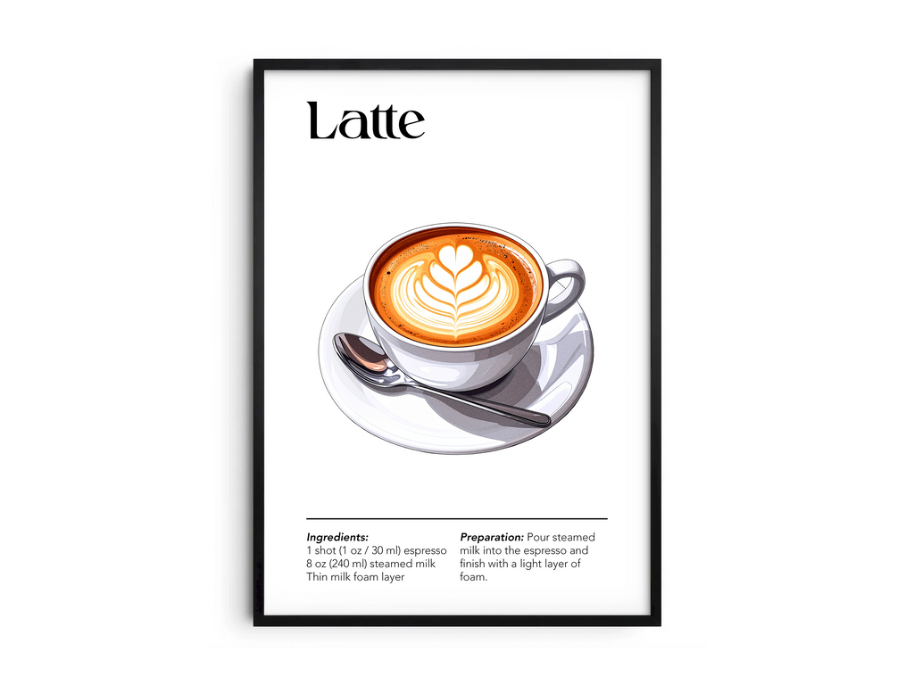 Minimalist Latte coffee art poster featuring a detailed illustration of the drink with latte art and its recipe, printed on semi-gloss sustainable paper. Perfect wall art for kitchens, coffee bars, or modern interiors with a warm and inviting aesthetic.