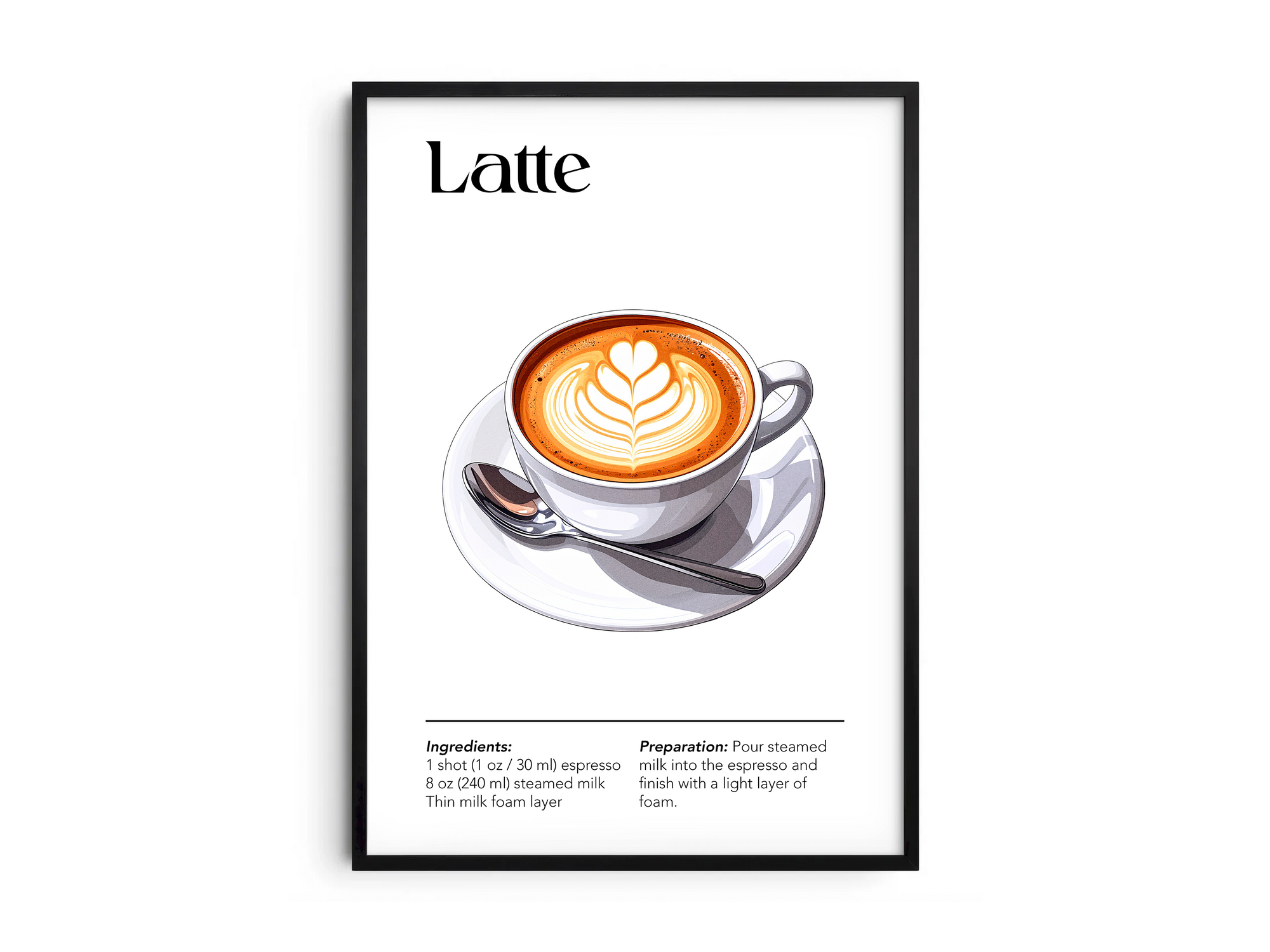 Minimalist Latte coffee art poster featuring a detailed illustration of the drink with latte art and its recipe, printed on semi-gloss sustainable paper. Perfect wall art for kitchens, coffee bars, or modern interiors with a warm and inviting aesthetic.
