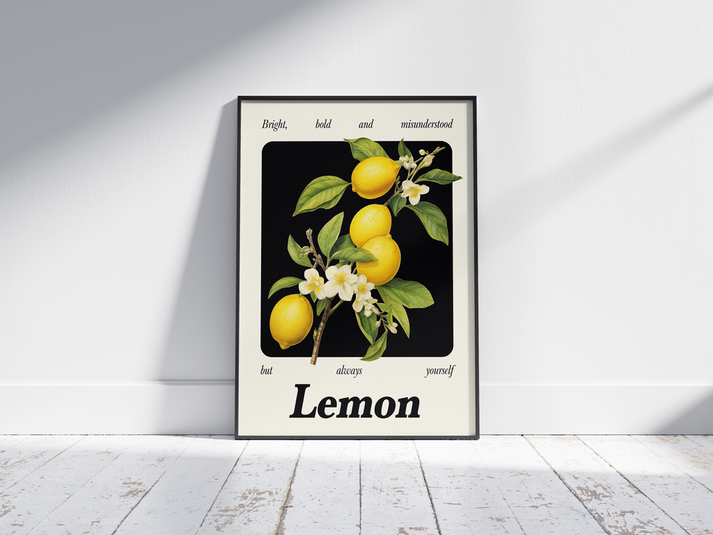 Minimalist botanical lemon poster featuring a detailed fruit illustration and an empowering quote, printed on semi-gloss sustainable paper. Perfect wall art for kitchens, dining areas, or modern interiors with a bright and authentic aesthetic.